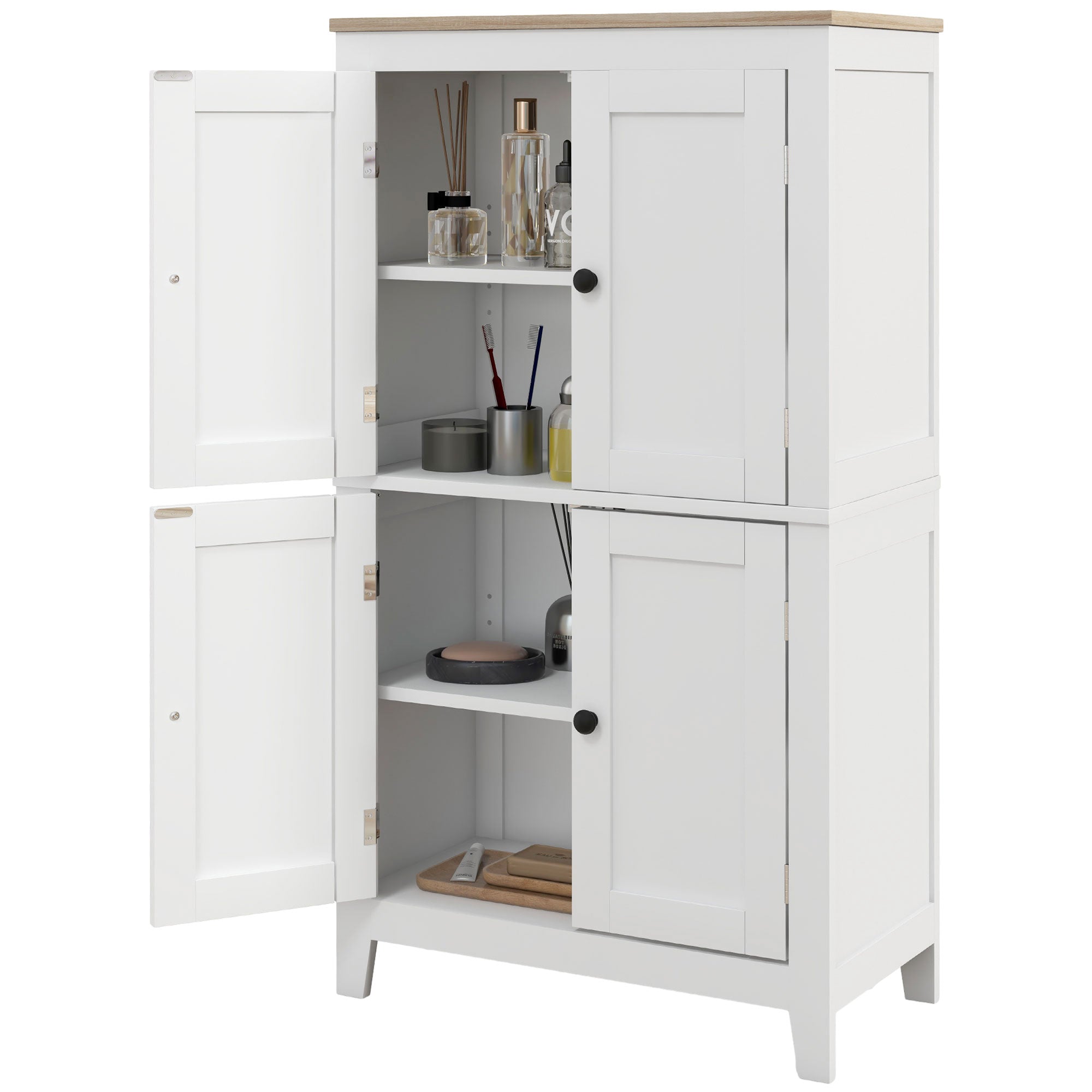 Modern Bathroom Floor Cabinet with 4 Doors and 2 Adjustable Shelves White