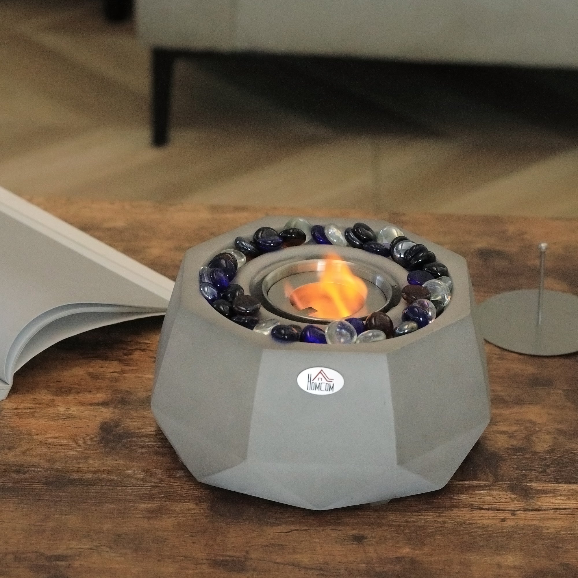 Concrete Tabletop Fireplace 9" Portable Alcohol Fireplace with Lid for Indoor and Outdoor 0.1 Gal Max