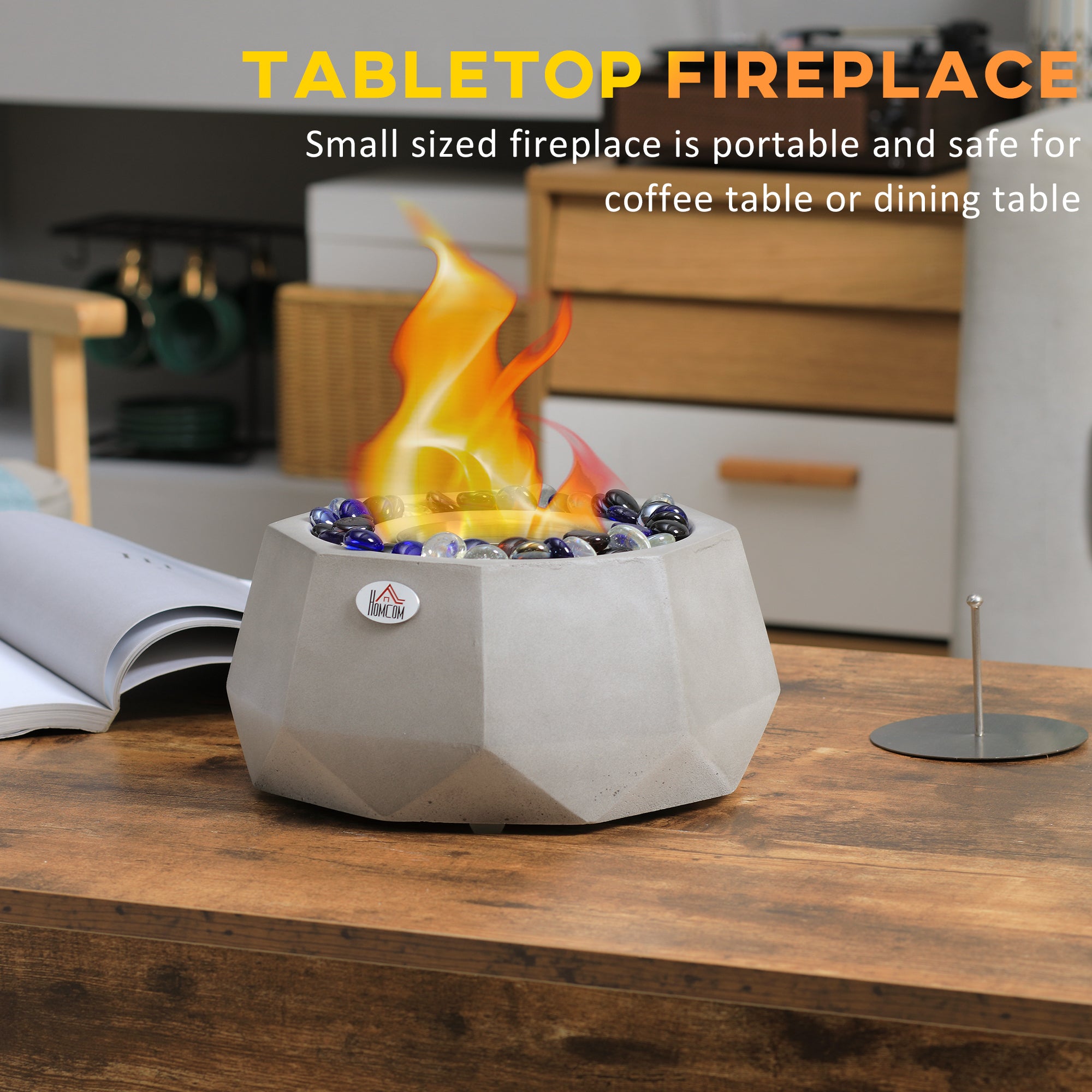 Concrete Tabletop Fireplace 9" Portable Alcohol Fireplace with Lid for Indoor and Outdoor 0.1 Gal Max