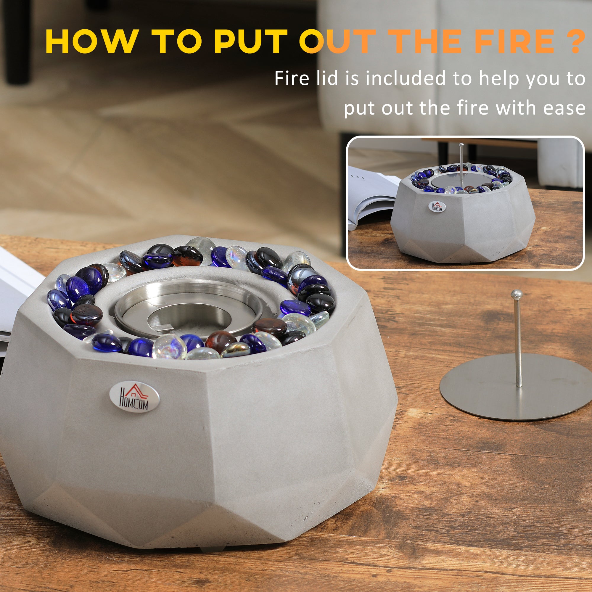 Concrete Tabletop Fireplace 9" Portable Alcohol Fireplace with Lid for Indoor and Outdoor 0.1 Gal Max