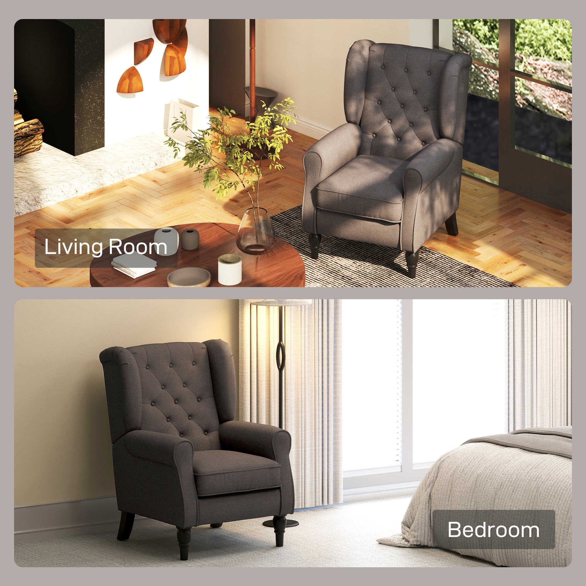 Mid-CenturyAccent Chair w/ High Wingback, Button-Tufted Fabric & Retro Wood Legs, Dark Brown - HOMCOM