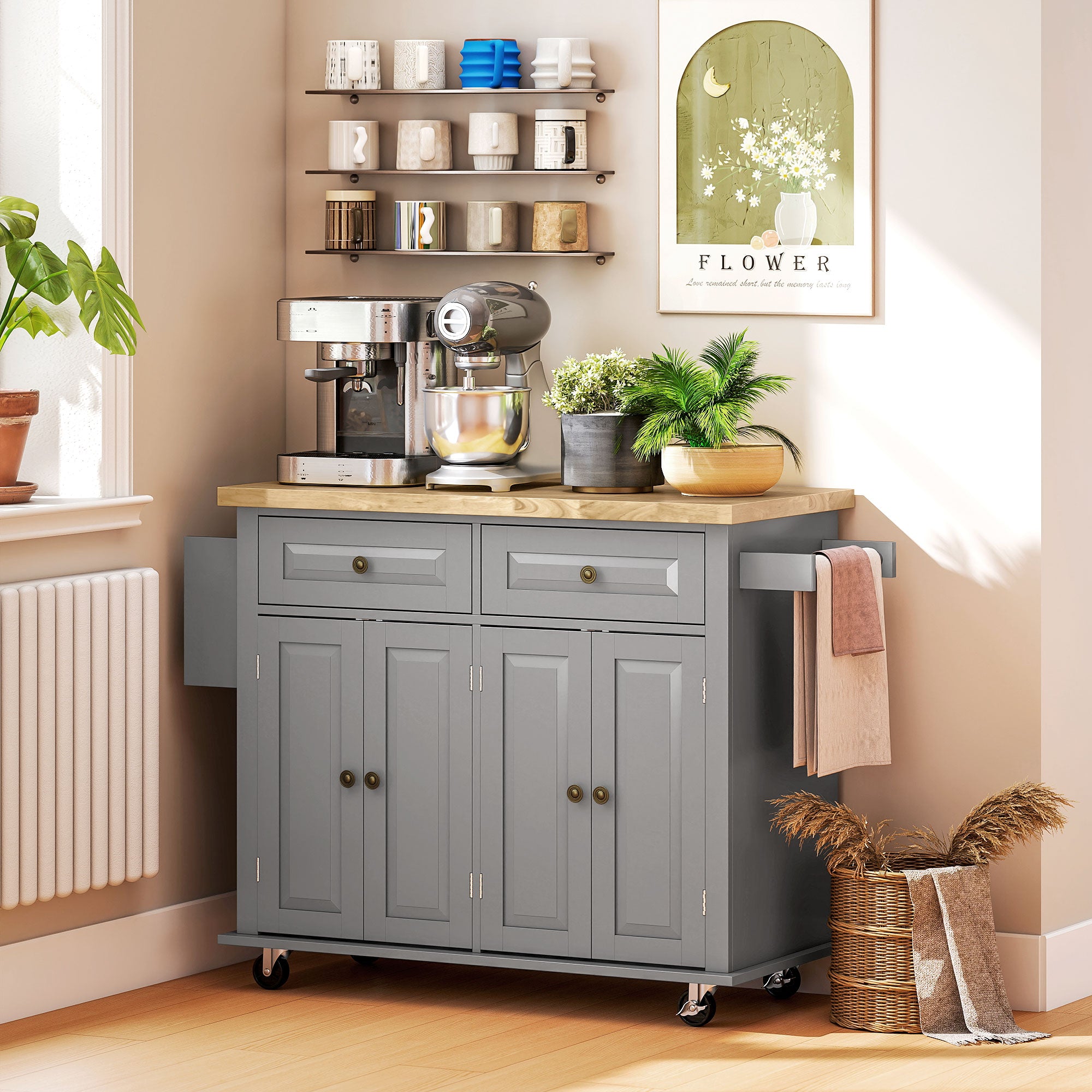 Modern Rubberwood Rolling Kitchen Island with Storage - HOMCOM