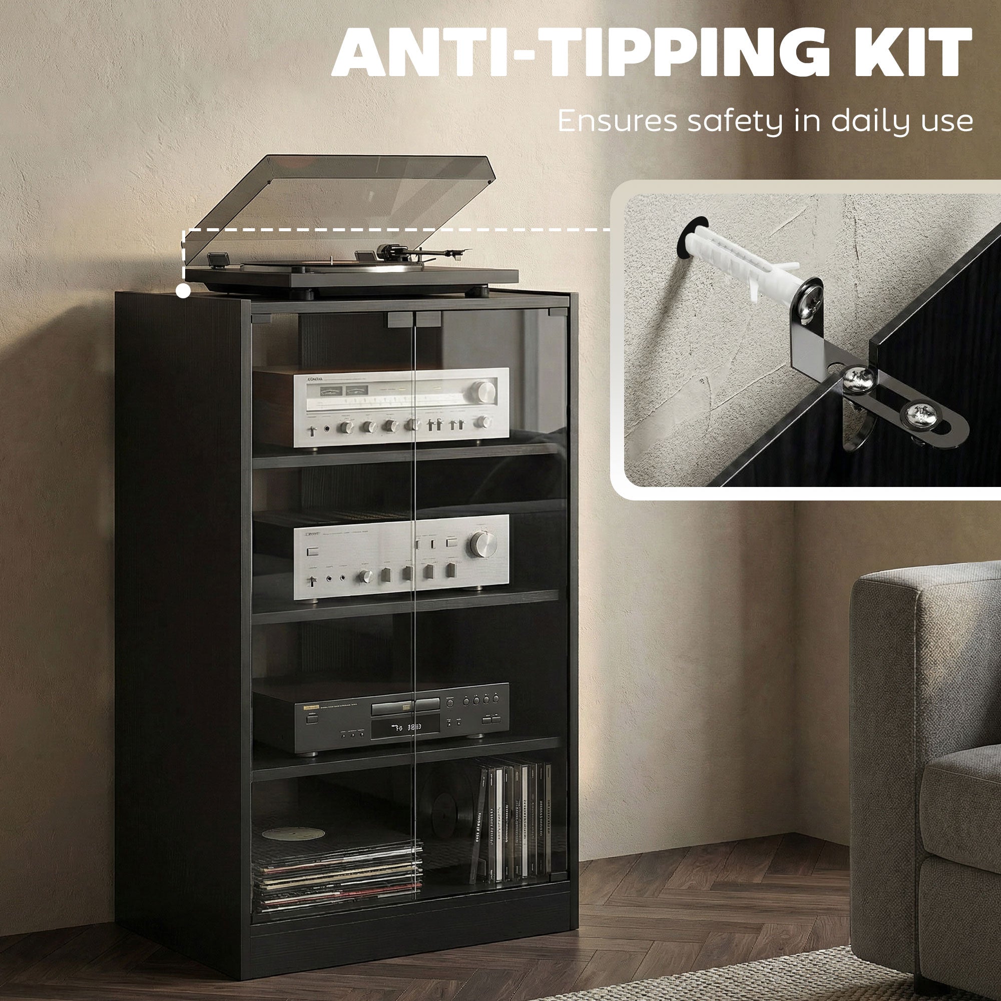 4-Tier Media Cabinet Stand w/ Adjustable Shelves & Cable Management, Distressed Black