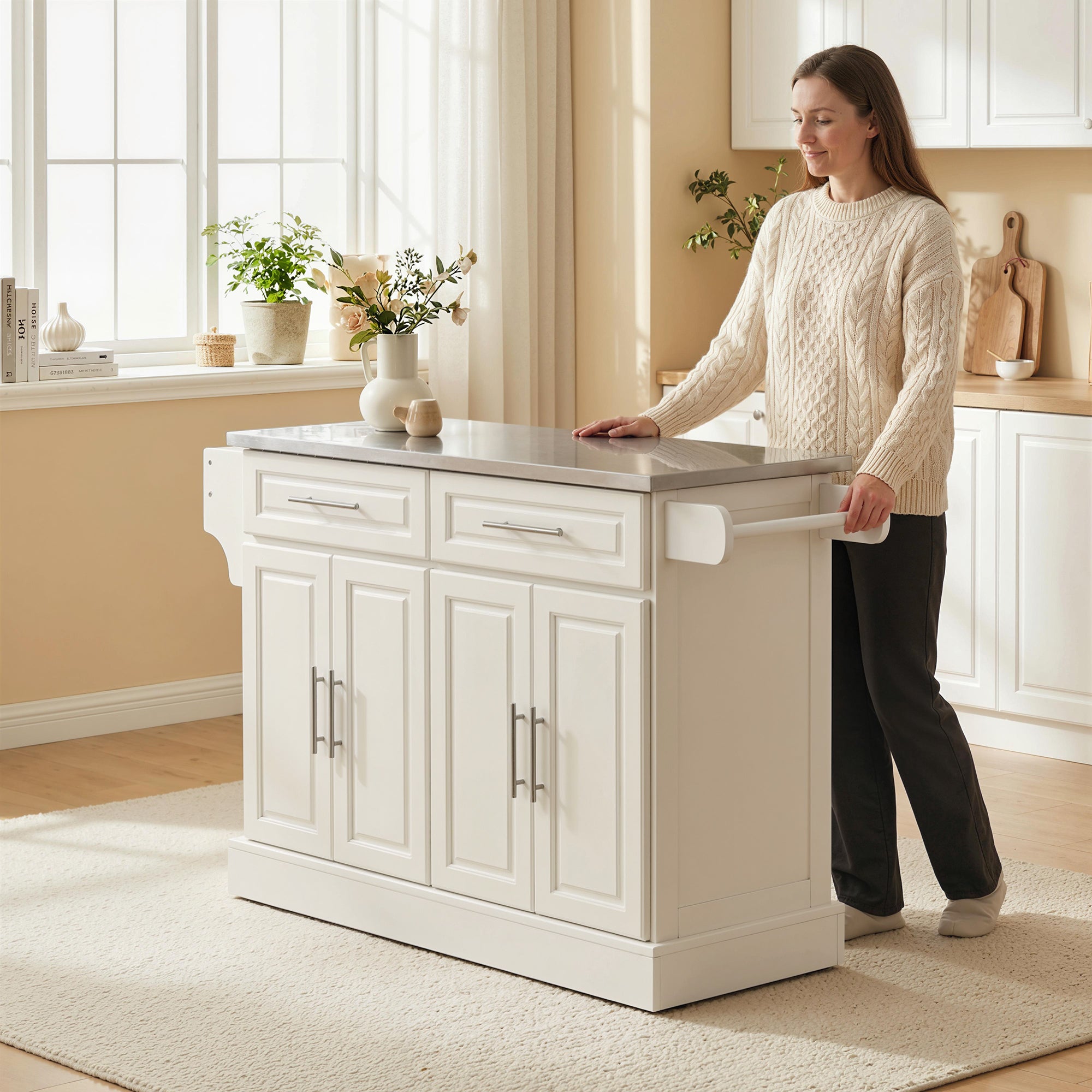 36" Stainless Steel Top Kitchen Island with Storage Drawers, Racks & Cabinets, Cream White - HOMCOM