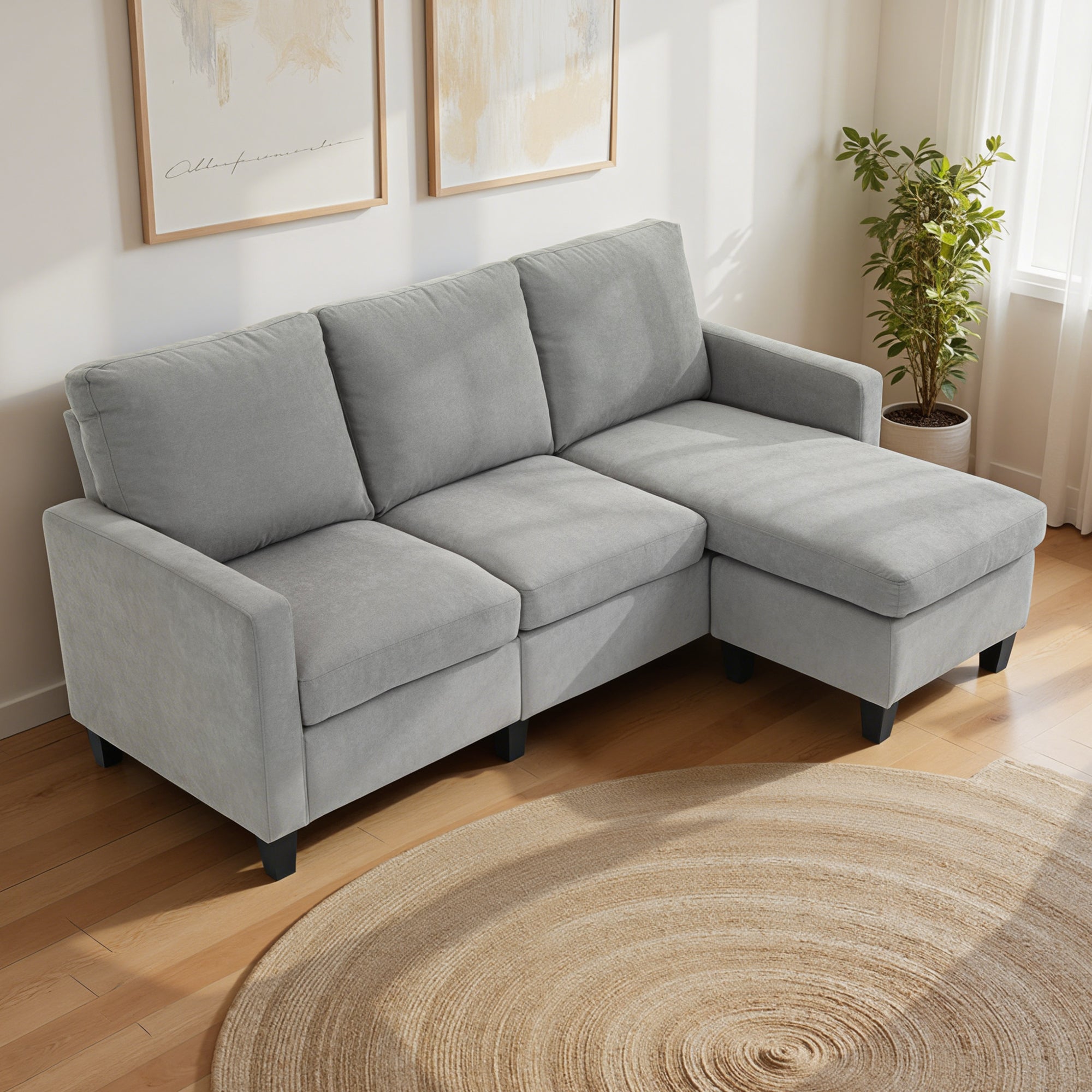 Canapé d'angle 3 places en L avec pouf pour salon, gris clair