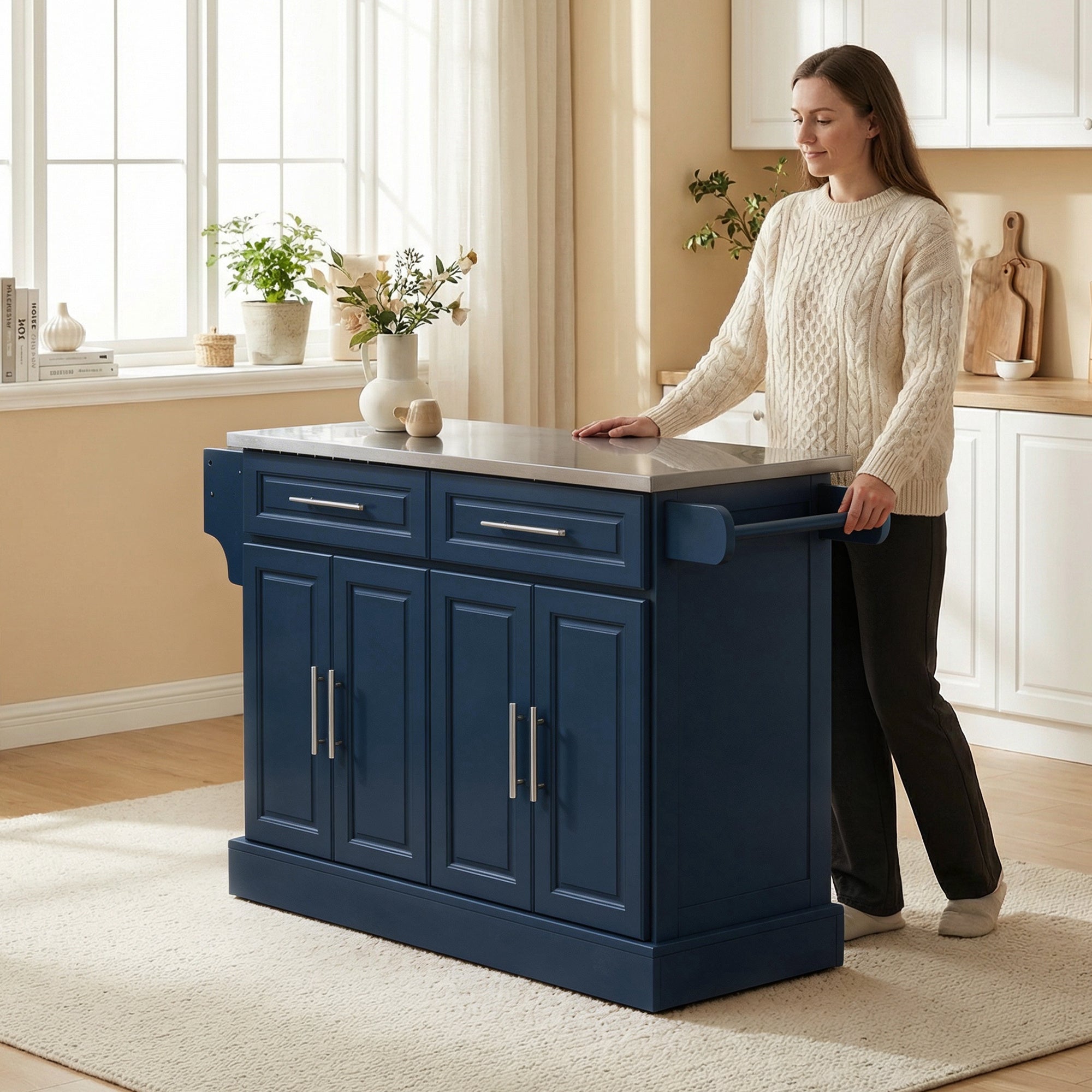 Rolling Kitchen Island with Stainless Steel Top 2 Drawers Spice Knife and Towel Rack Navy - HOMCOM