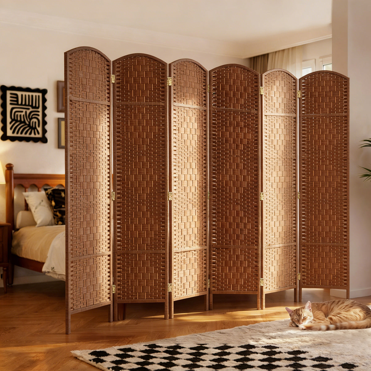 6 Panels Folding Room Divider, 6 ft Tall Portable Privacy Screen with Handwoven Design, Natural