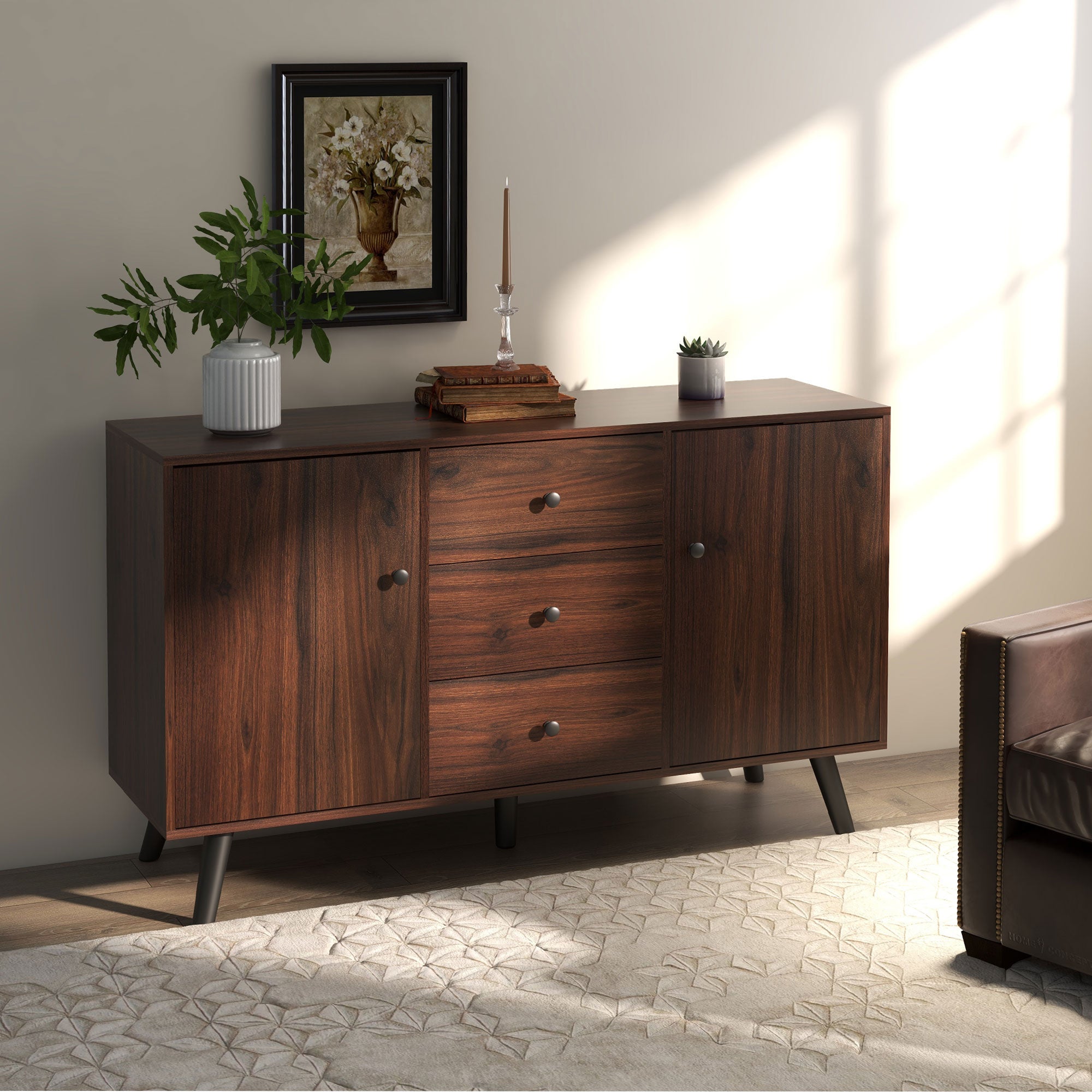 Vintage Sideboard with 3 Drawers & Adjustable Shelves, Rustic Brown - HOMCOM