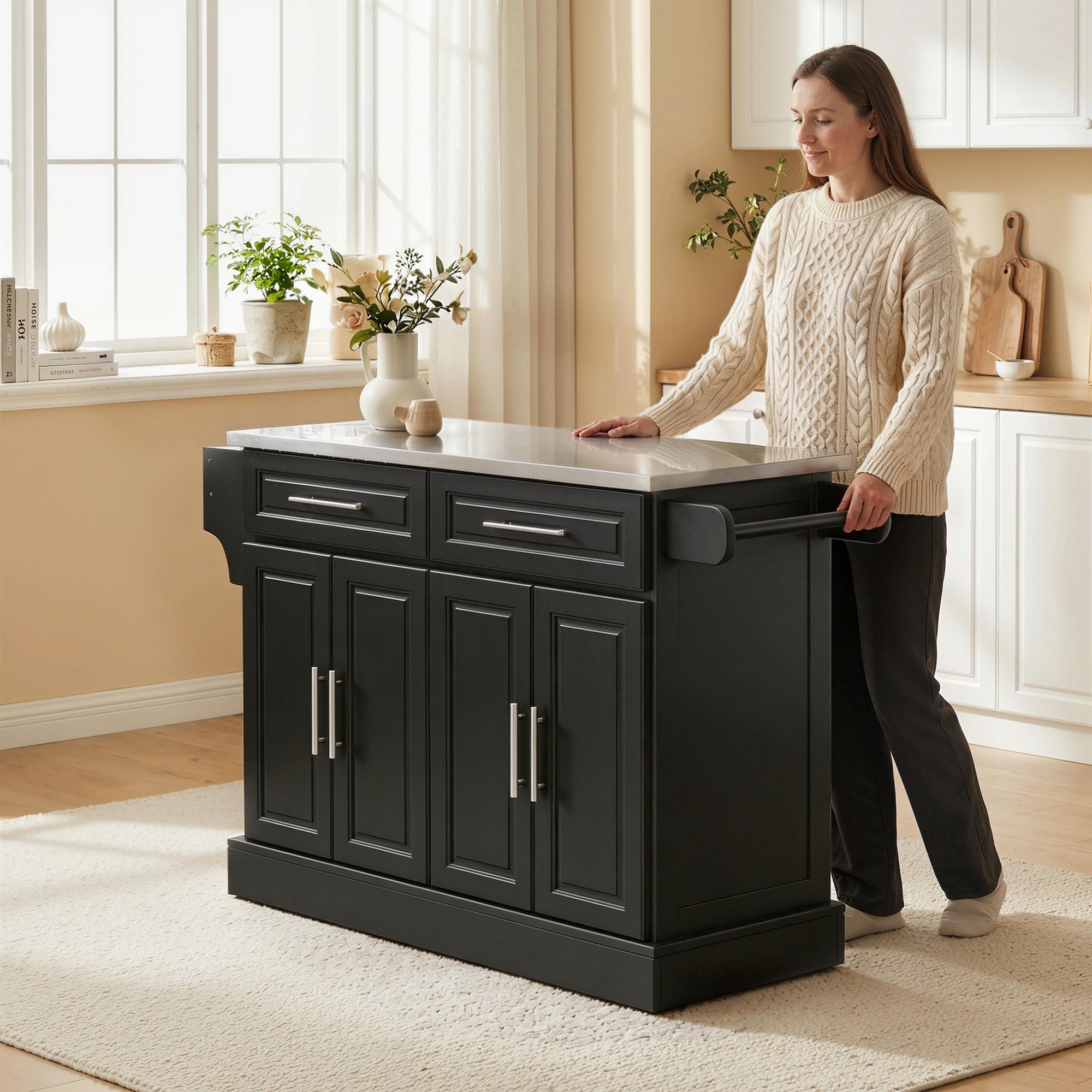 Rolling Kitchen Island with Storage Portable Cart with Stainless Steel Top 2 Drawers Black - HOMCOM