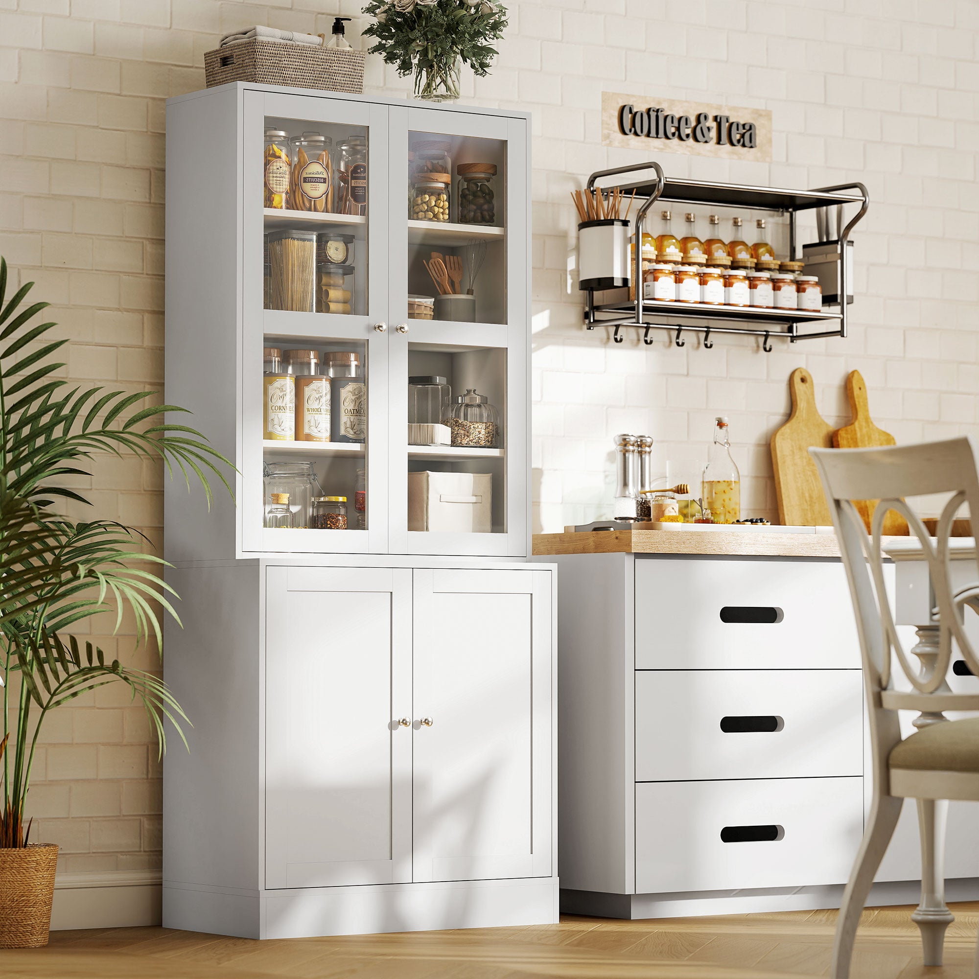 Modern Bookcase with Glass Doors, Display Storage Cabinet w/ Adjustable Shelves, White - HOMCOM