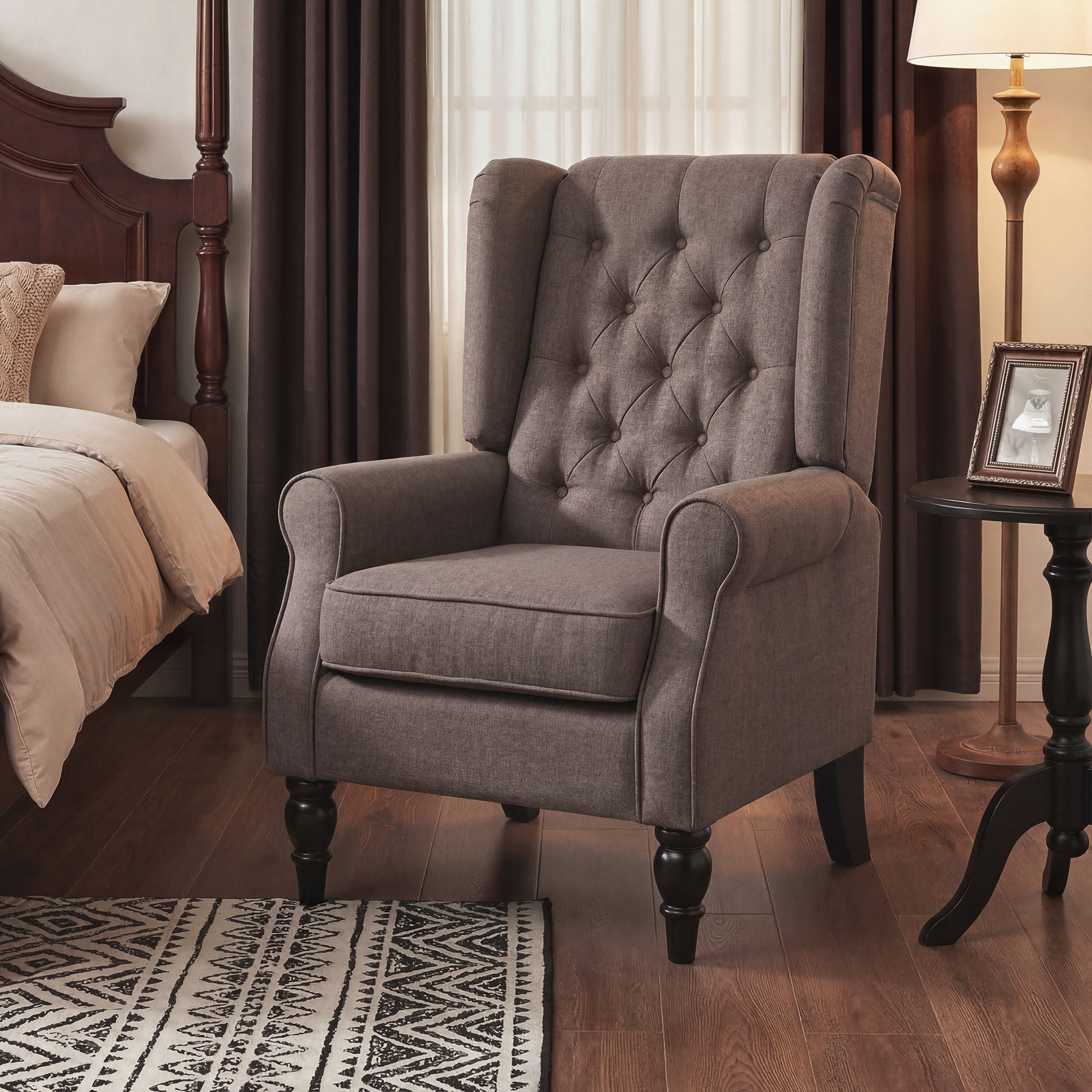 Mid-CenturyAccent Chair w/ High Wingback, Button-Tufted Fabric & Retro Wood Legs, Dark Brown - HOMCOM
