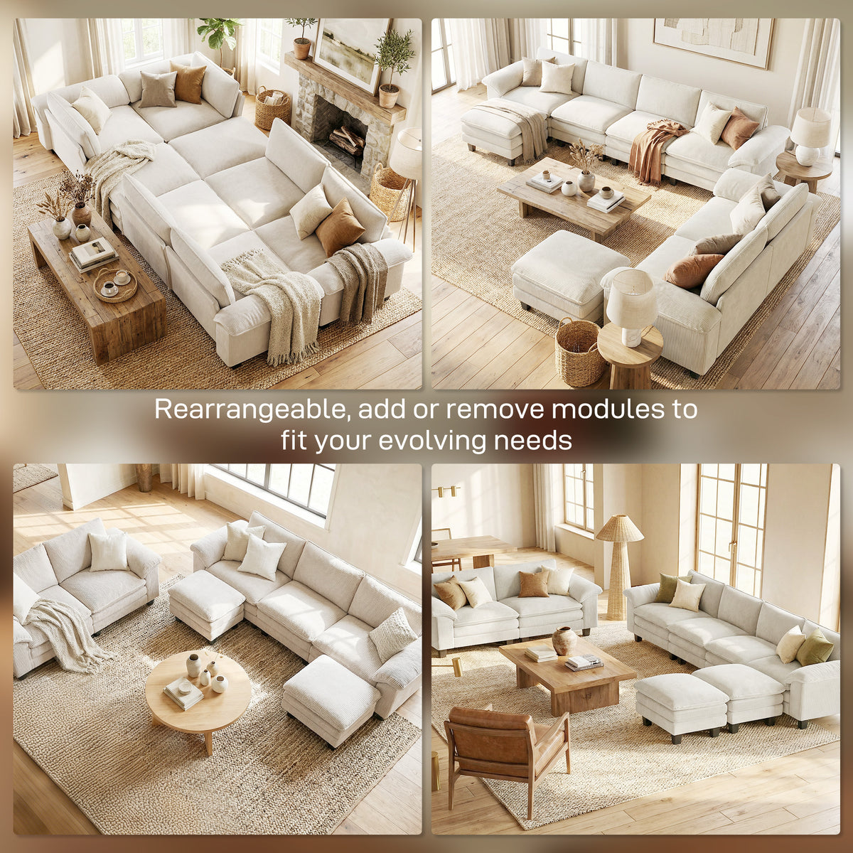 124" L Shaped Sectional Sofa with Movable Ottoman, 3 Seat, 2200lb Capacity, Beige
