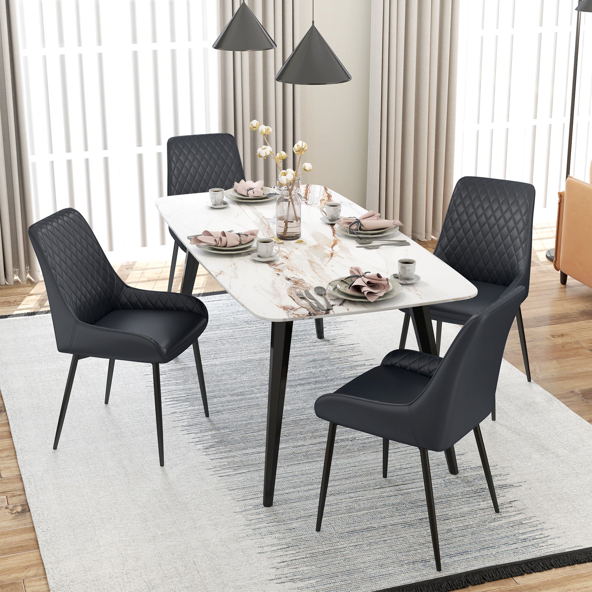 Set of 2 PU Leather Dining Chairs with Tufted Backs & Steel Legs, Black - HOMCOM
