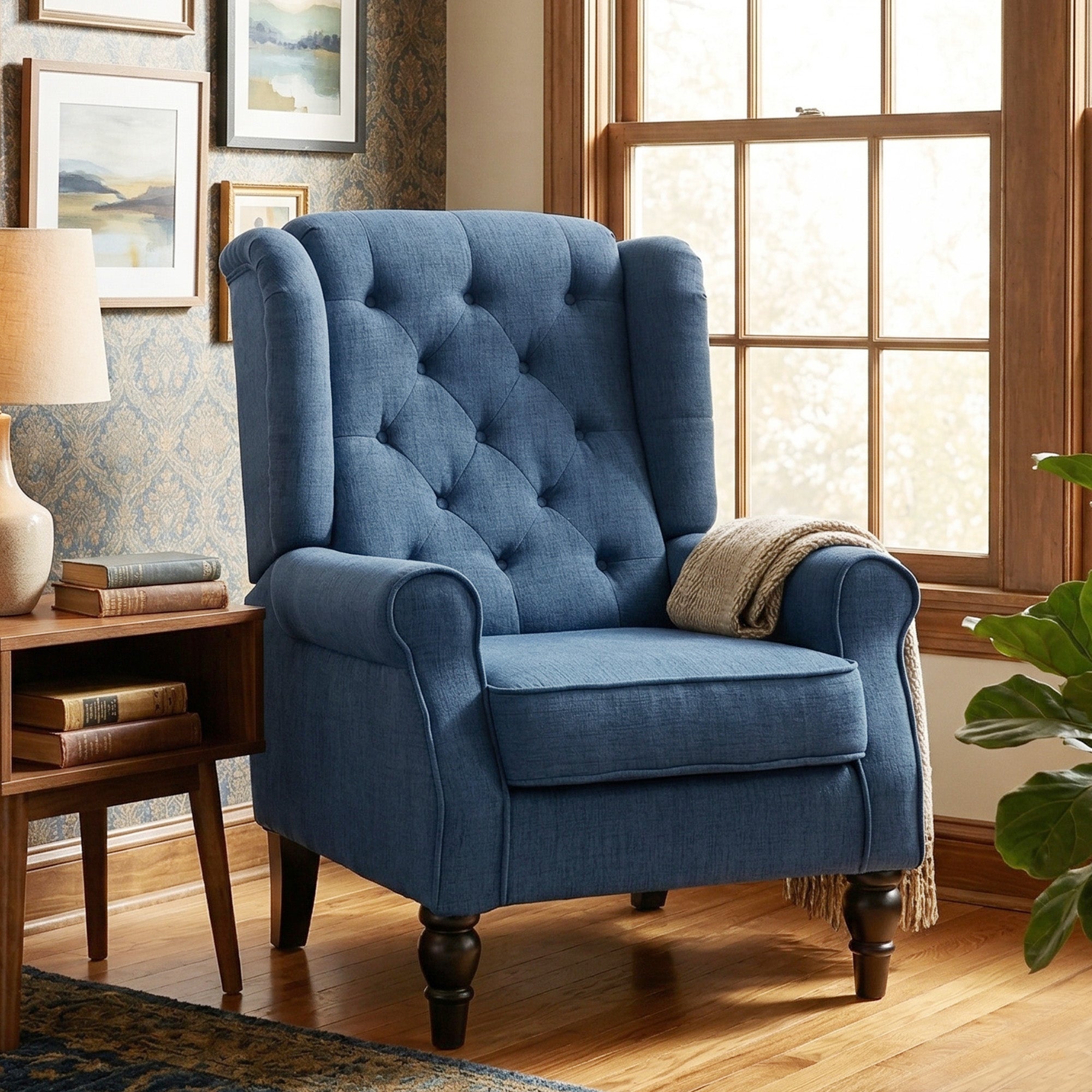 Retro Button Tufted Accent Armchair with Wooden Frame and Legs for Living Room, Bedroom, Blue - HOMCOM
