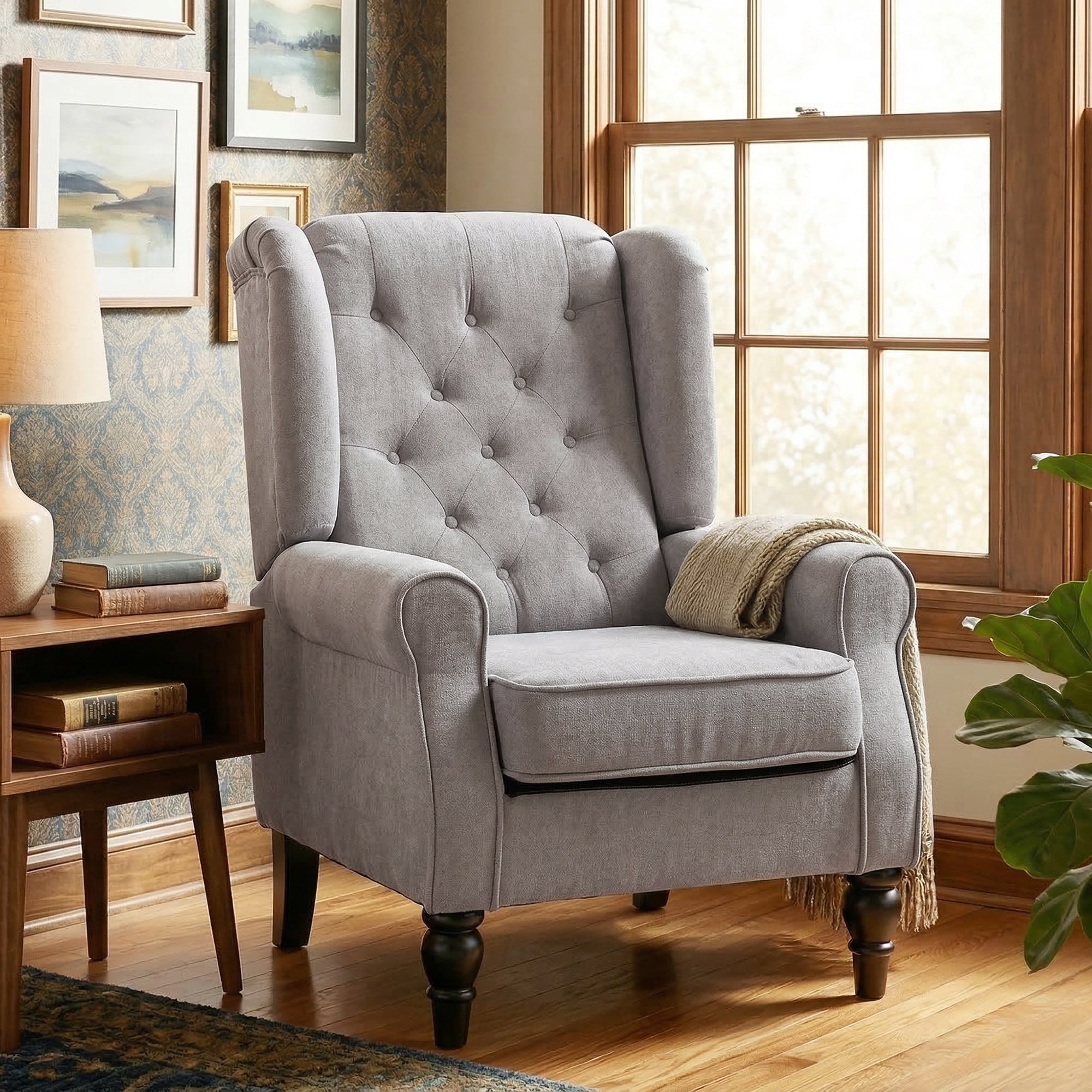 Retro Button Tufted Accent Armchair with Wooden Frame and Legs for Living Room, Bedroom, Grey - HOMCOM
