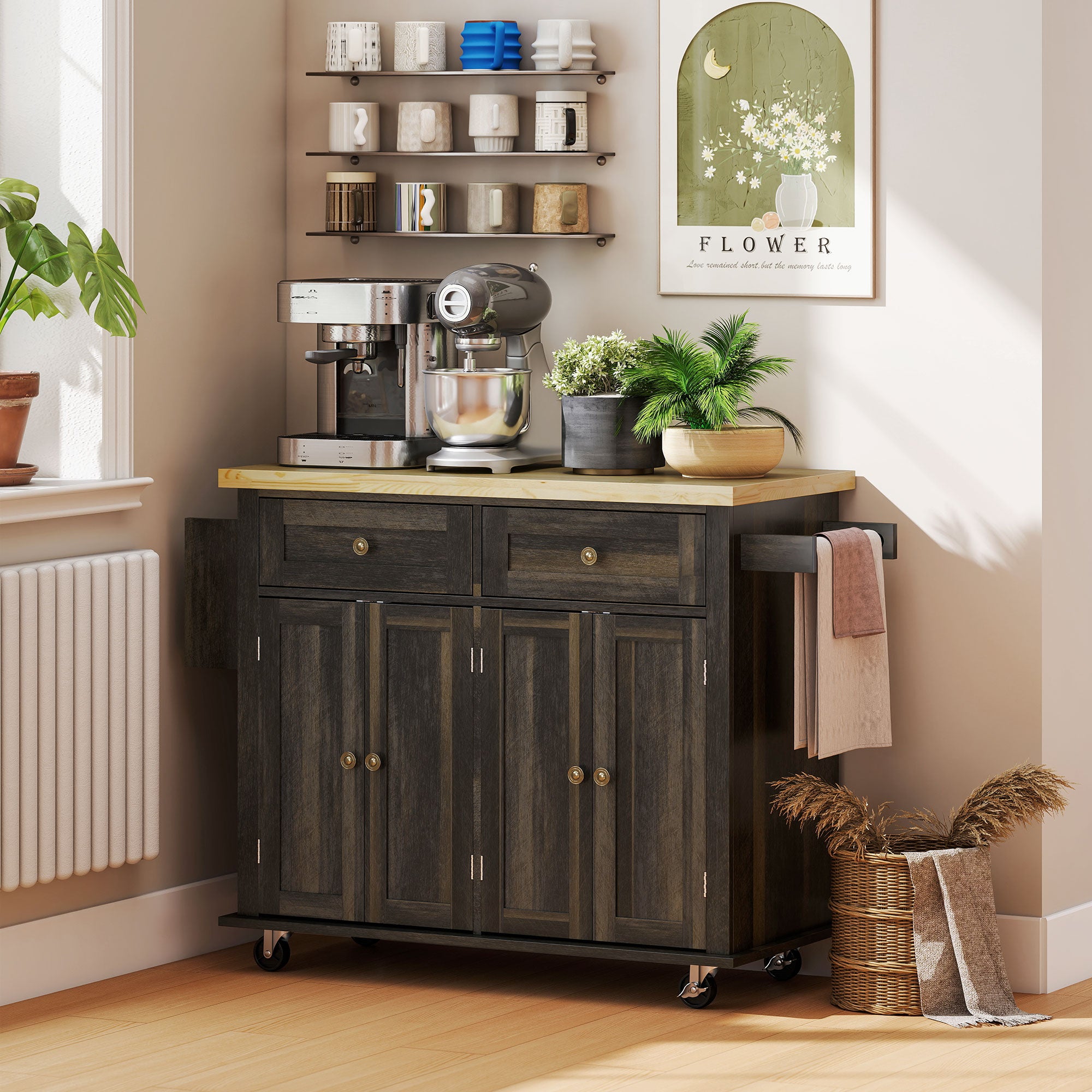 GlideSpace Kitchen Island on Wheels, Rolling Cart w/ Rubberwood Top, Spice Rack & Drawers, Brown Oak - HOMCOM