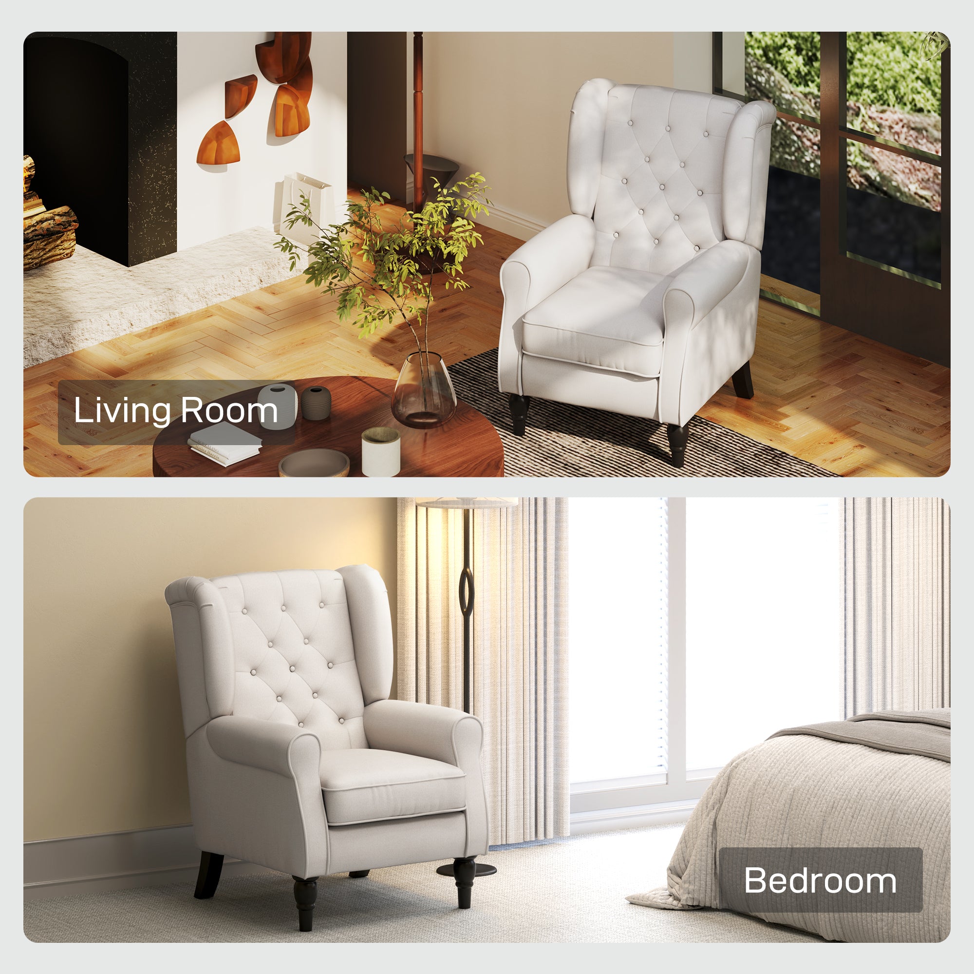 Mid-Century Accent Chair w/ High Wingback, Button-Tufted Fabric & Retro Wood Legs, Cream White