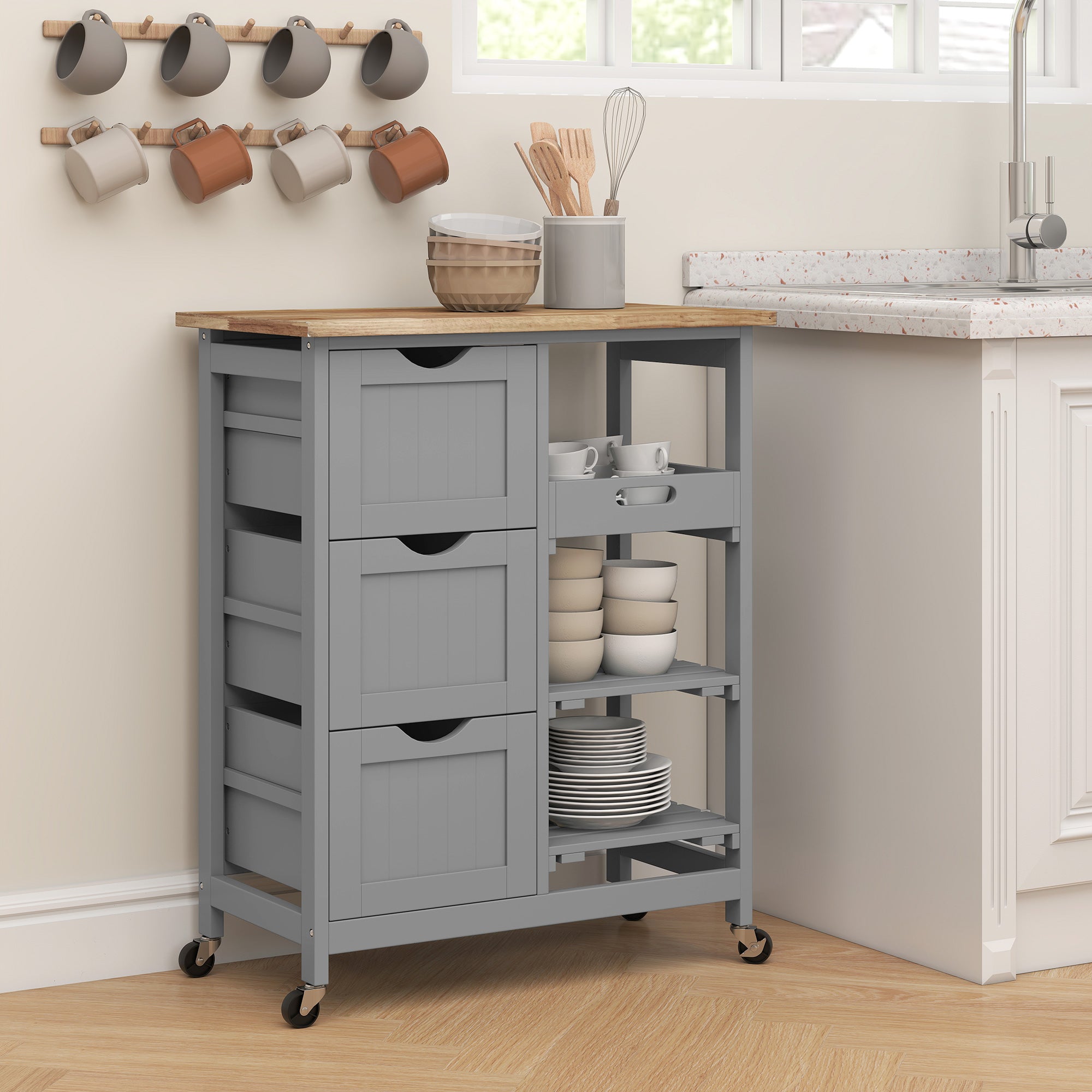 36" Rolling Kitchen Island Cart with Wood Top, Shelves & Drawers for Dining, Gray - HOMCOM