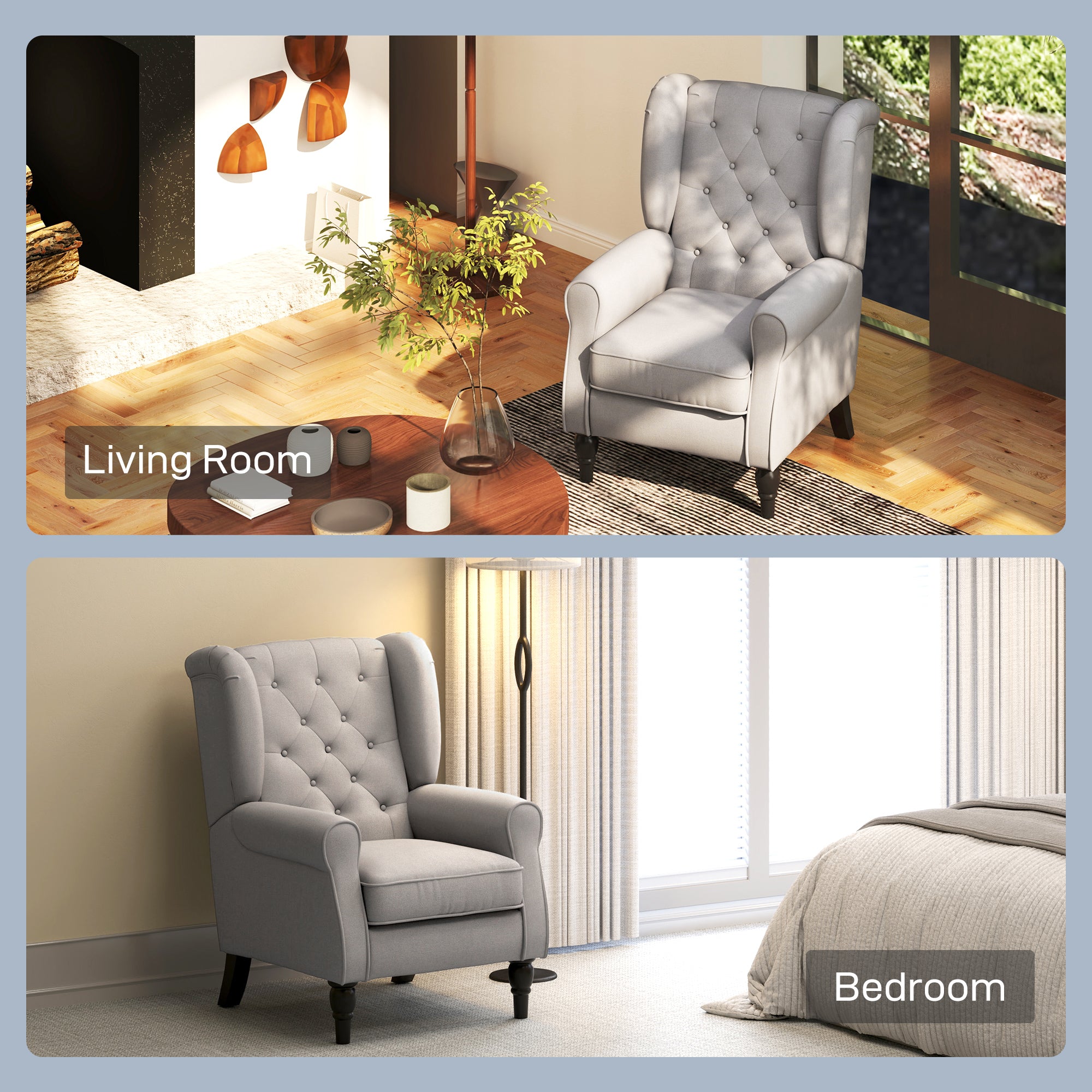 Mid-Century Accent Chair w/ High Wingback, Button-Tufted Fabric & Retro Wood Legs, Gray