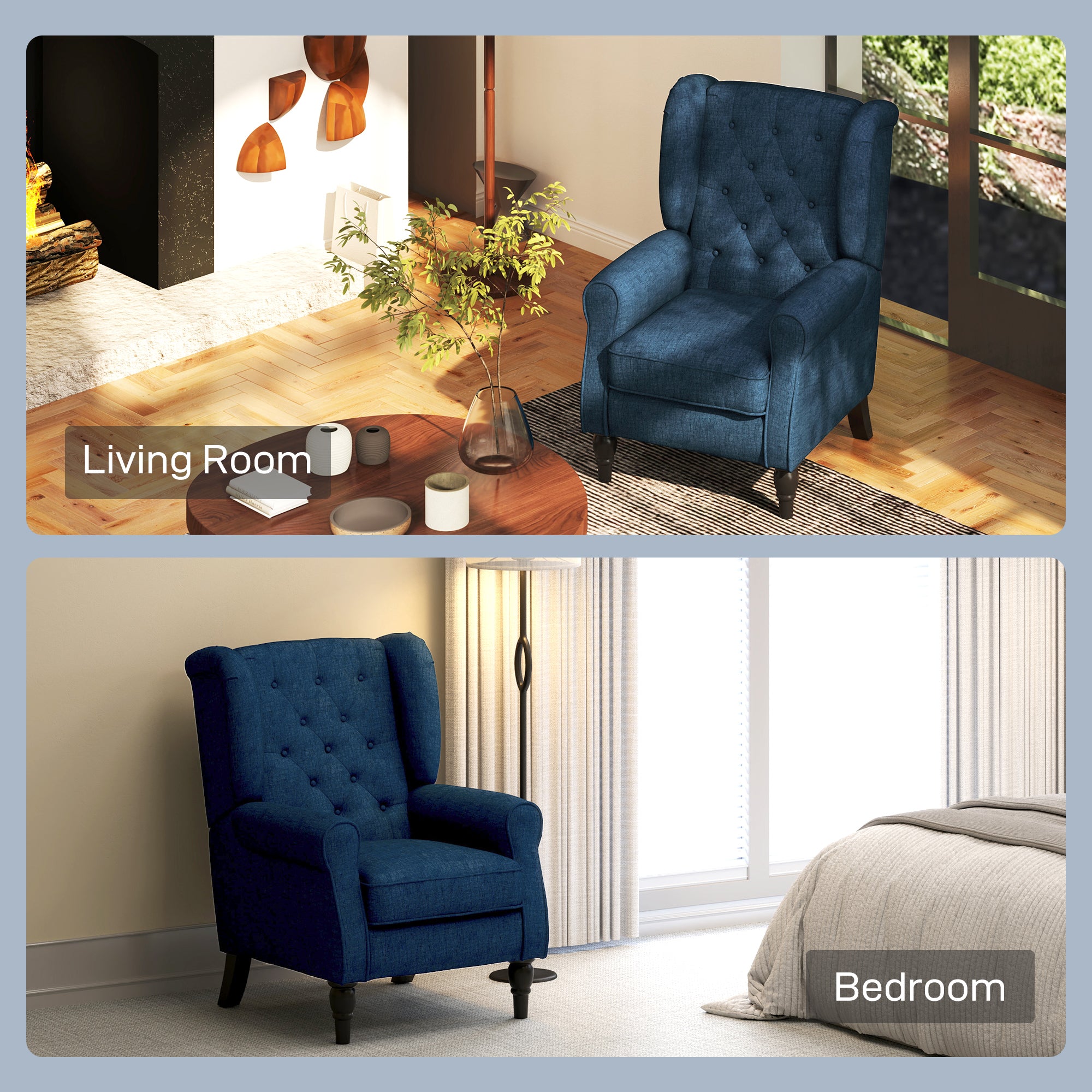 Mid-Century Accent Chair w/ High Wingback, Button-Tufted Fabric & Retro Wood Legs, Blue