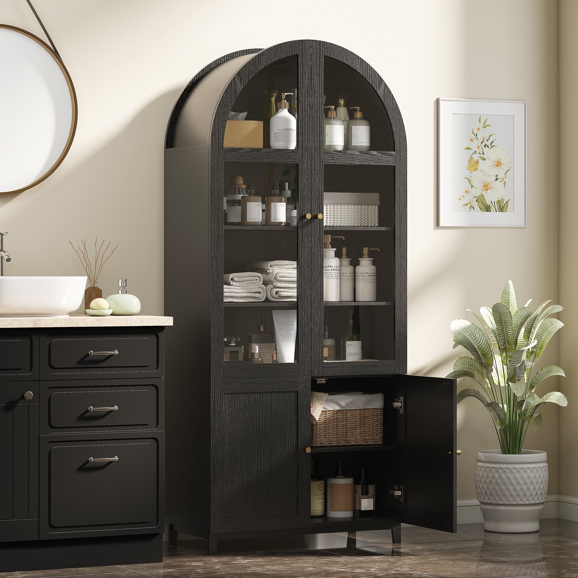 71" Tall Arched Kitchen Pantry Cabinet, Farmhouse Freestanding Kitchen Storage Cabinet with Adjustable Shelves, Acrylic Doors for Living Room, Dining Room, Black - HOMCOM