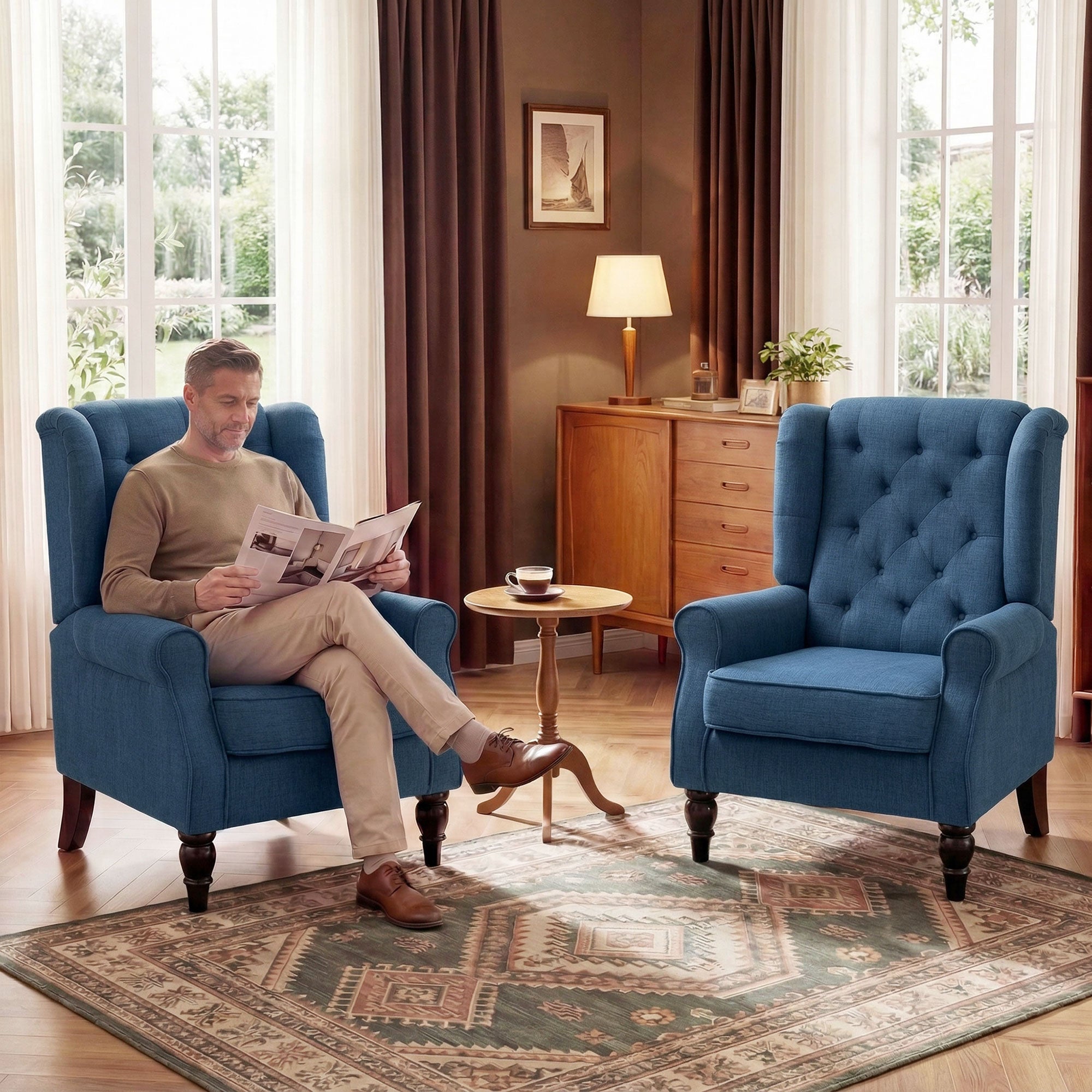 Retro Button Tufted Accent Armchair with Wooden Frame and Legs for Living Room, Bedroom, Blue - HOMCOM