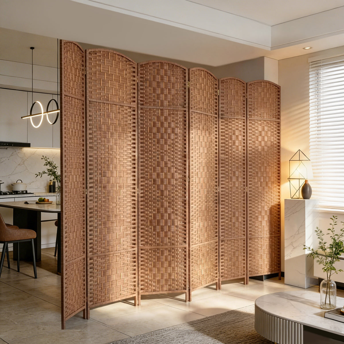 6 Panels Folding Room Divider, 6 ft Tall Portable Privacy Screen with Handwoven Design, Natural