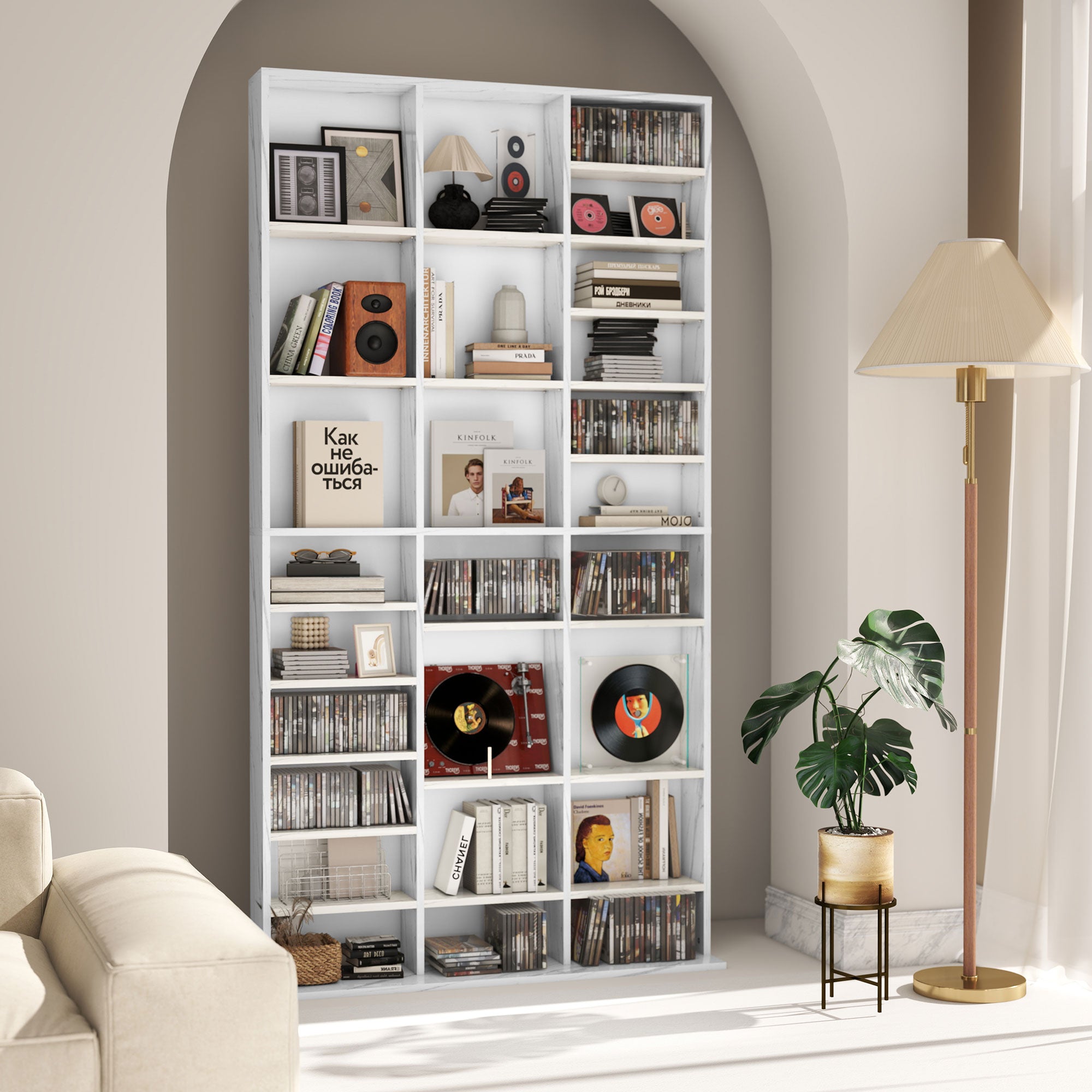 1116 CD/ 528 DVD Storage Unit, Media Storage Shelf, Wooden Display Unit with Adjustable Shelves, 102 x 195 cm, White