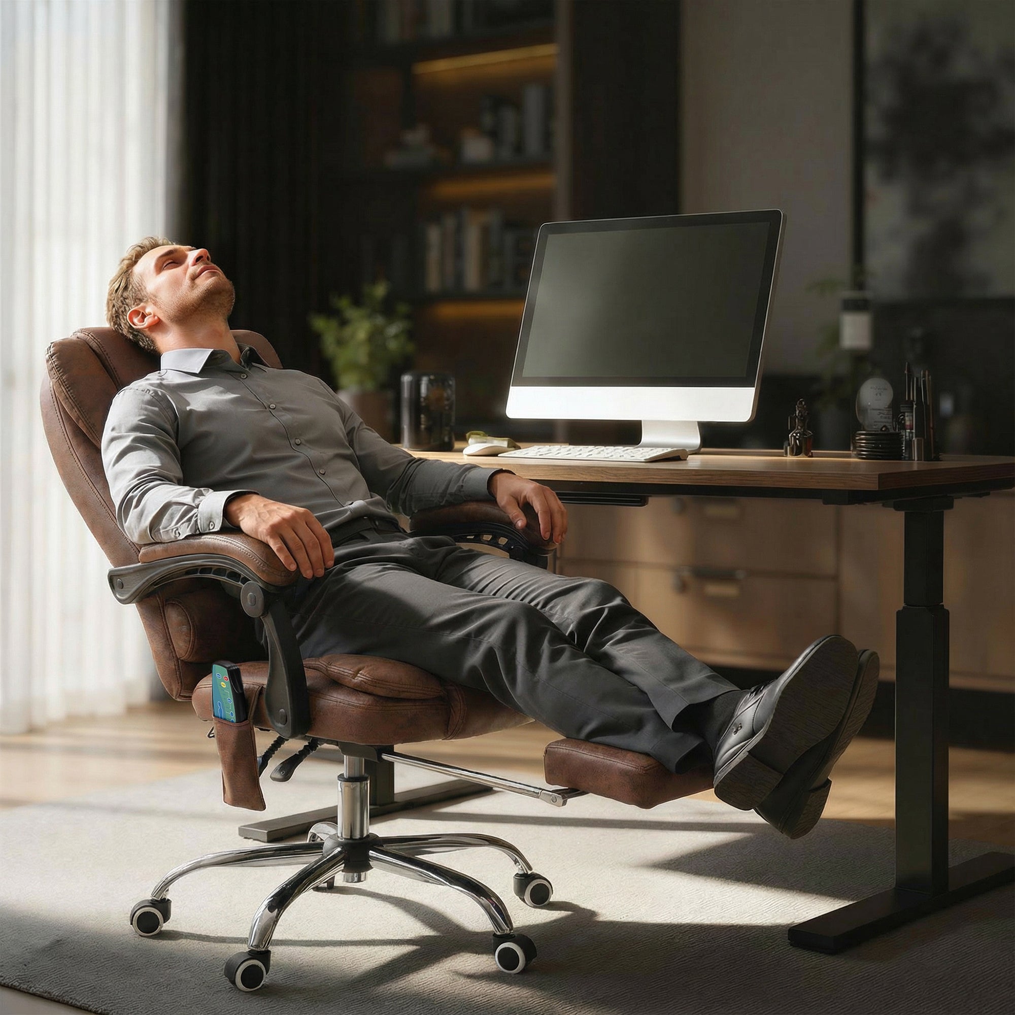 Office Chair with 6-Point Massage and Back Heat, Reclining Back & Footrest, Brown