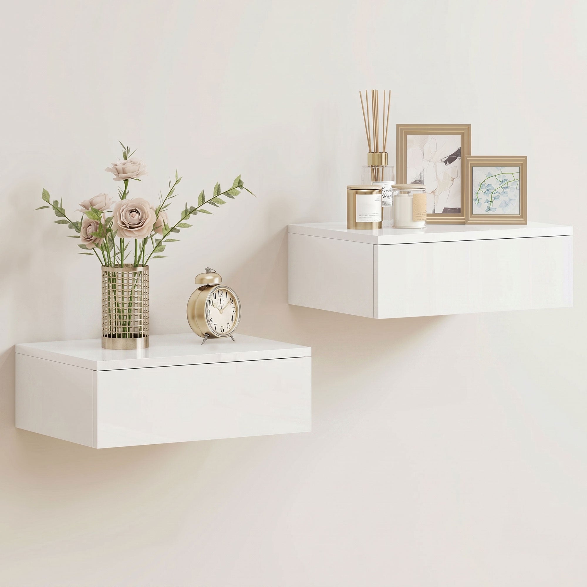 Floating Bedside Table Set of 2, Modern Wall-Mounted Nightstand with High Gloss Finish and Storage Drawer, Small Side End Table for Bedroom, White