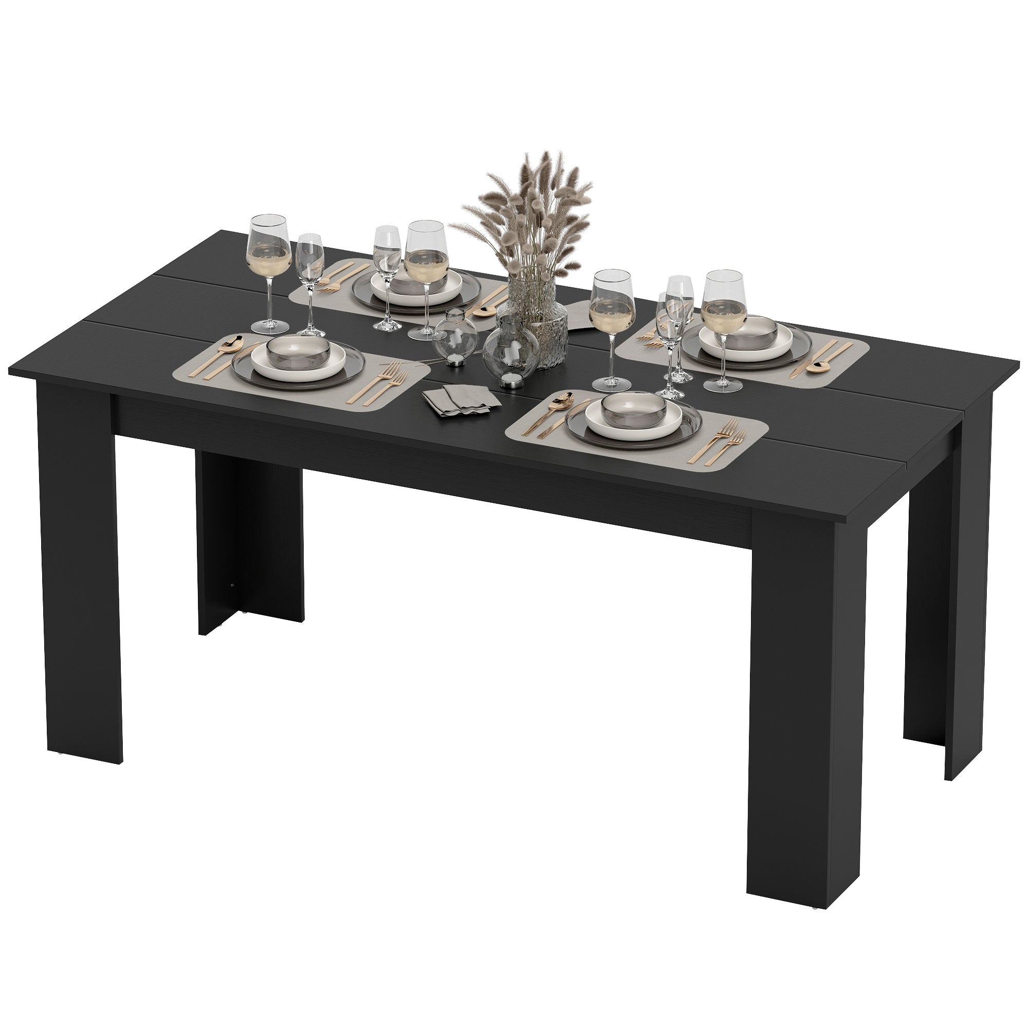 63" Dining Table for 4-6 People, Mid-Century Modern Rectangular Kitchen Table with Wood Effect for Dining Room, Living Room, Black Wood Effect