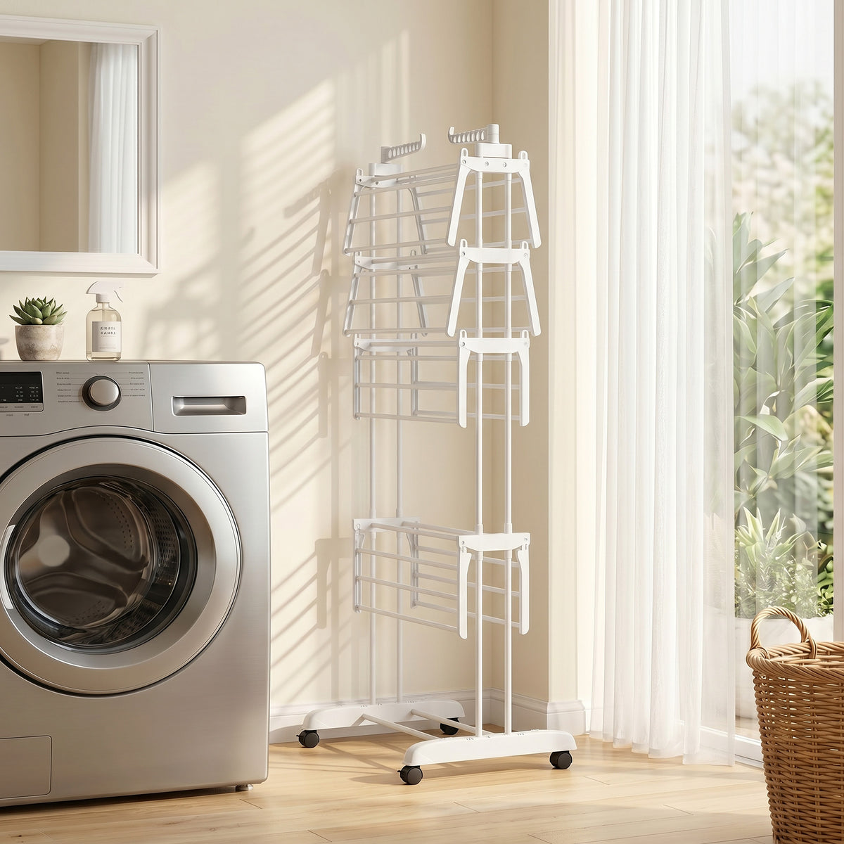 5-Tier Adjustable Clothes Drying Rack, Foldable Laundry Drying Rack with Wheels, Side Wings, Clothes Hanger for Indoor Outdoor Use, 28.7" x 25.2" x 67.7", White