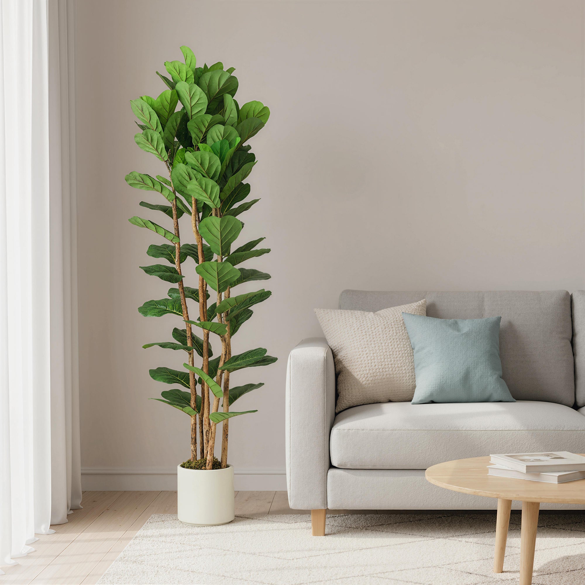 6FT Artificial Fiddle Leaf Fig Tree with Solid Wood Trunks, Lifelike Fake Tree with 91 Leaves in Pot for Indoor Living Room Office Home Decor, Green
