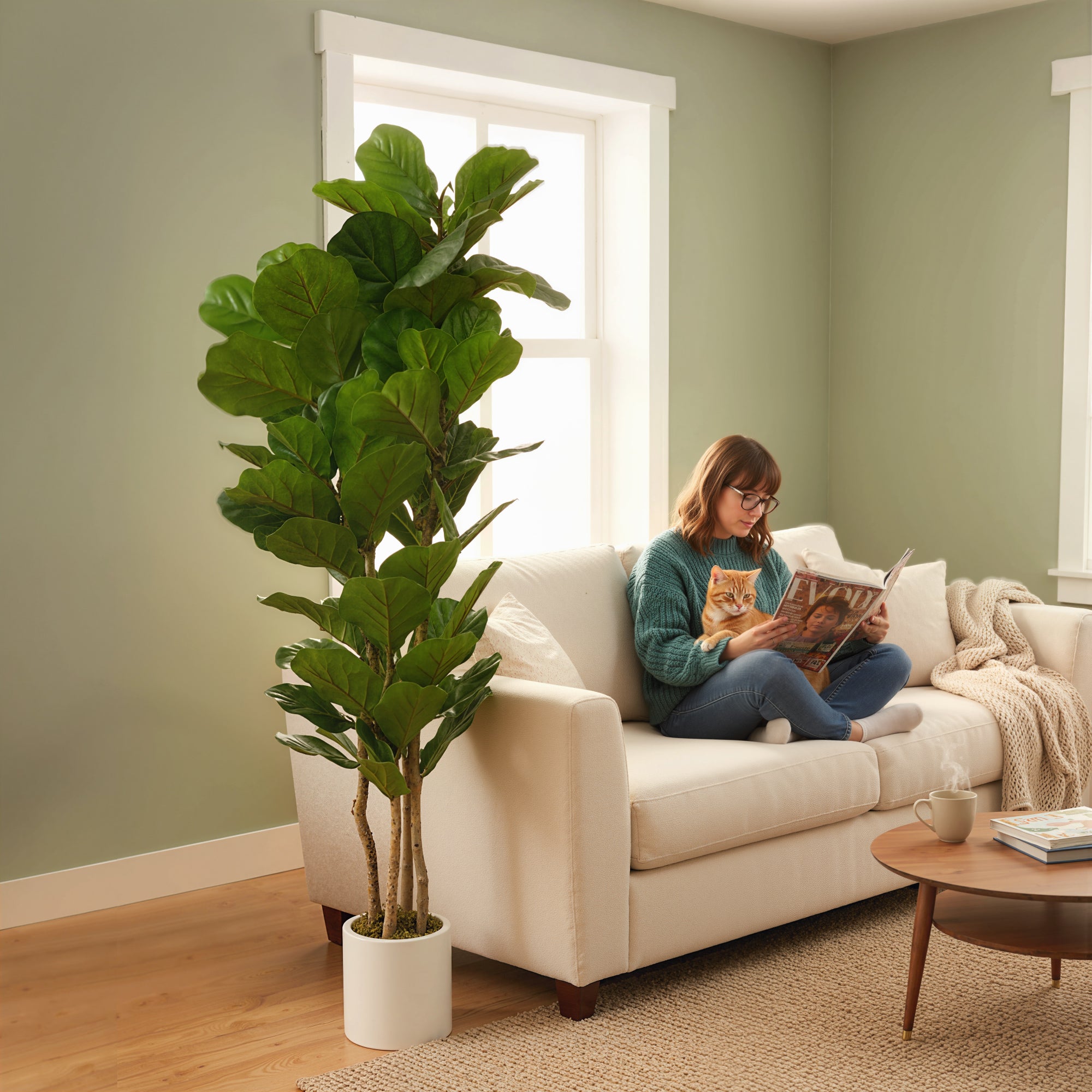 6FT Artificial Fiddle Leaf Fig Tree with Solid Wood Trunks, Lifelike Fake Tree with 91 Leaves in Pot for Indoor Living Room Office Home Decor, Green