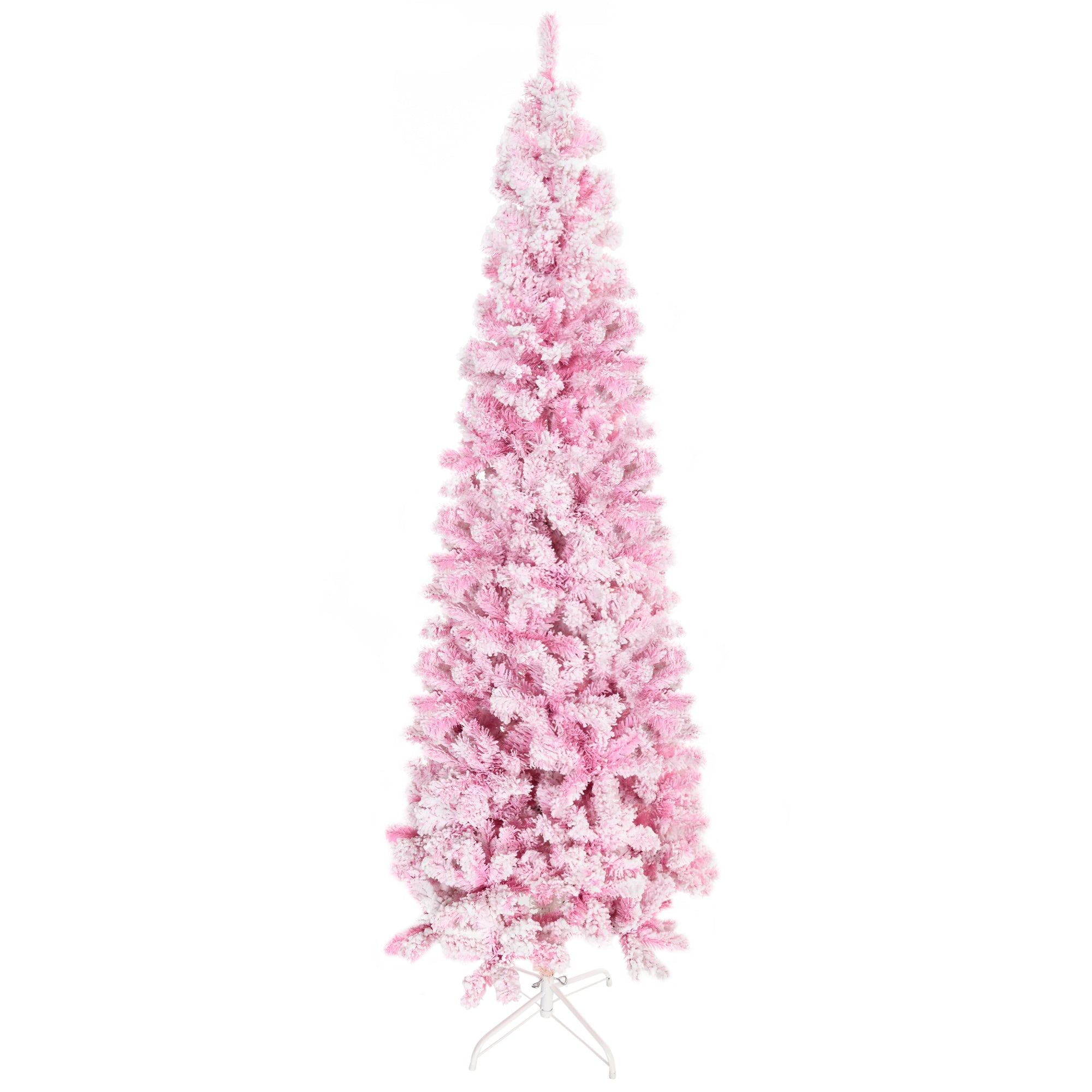 7.5ft Tall Unlit Snow Flocked Artificial Christmas Tree Slim Pencil Xmas Tree with Realistic Branches Pink