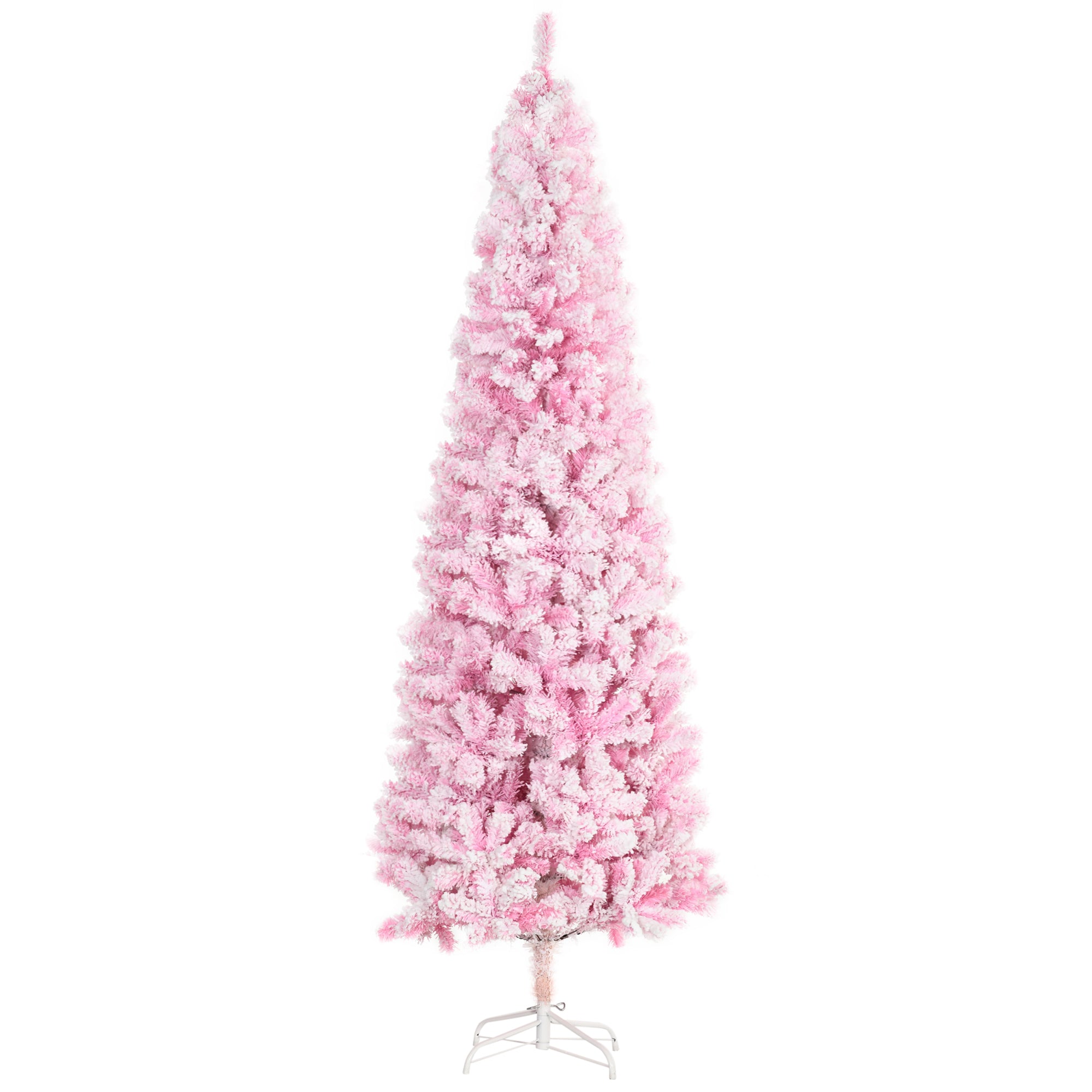 7.5ft Tall Unlit Snow Flocked Artificial Christmas Tree Slim Pencil Xmas Tree with Realistic Branches Pink