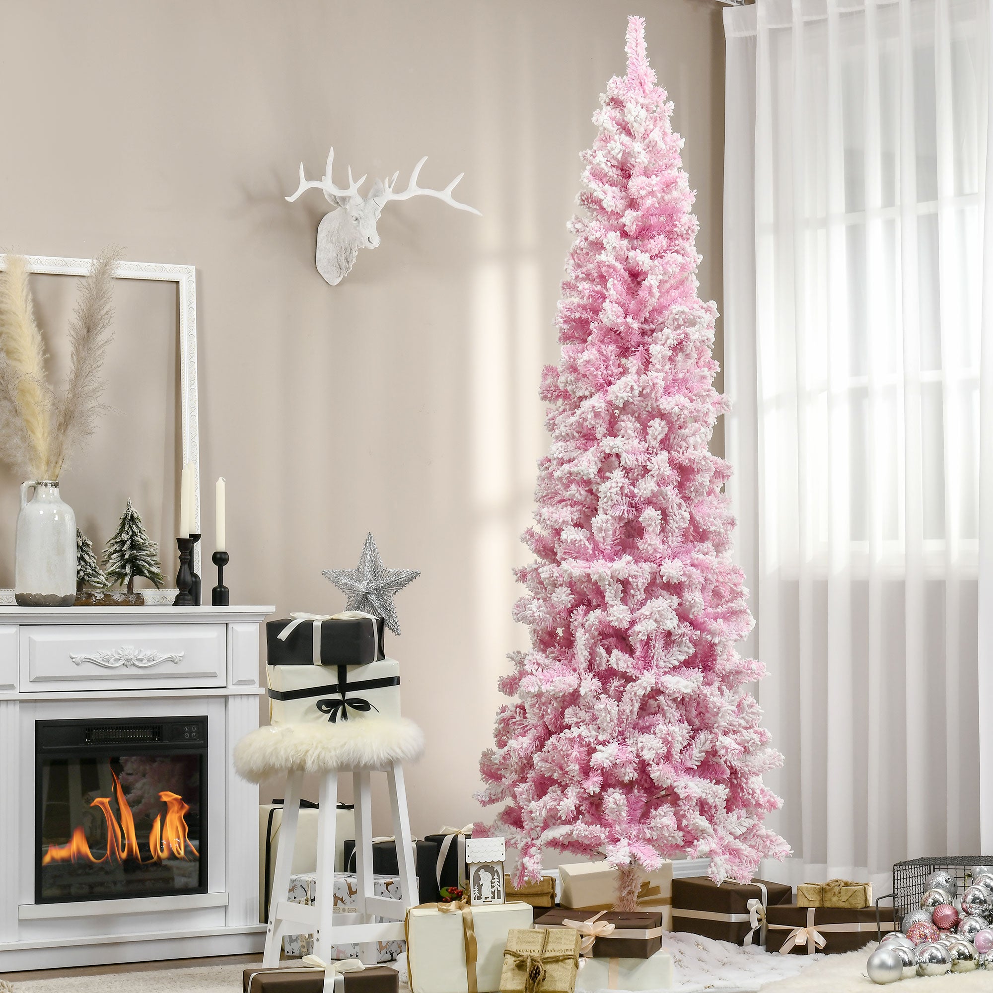 7.5ft Tall Unlit Snow Flocked Artificial Christmas Tree Slim Pencil Xmas Tree with Realistic Branches Pink