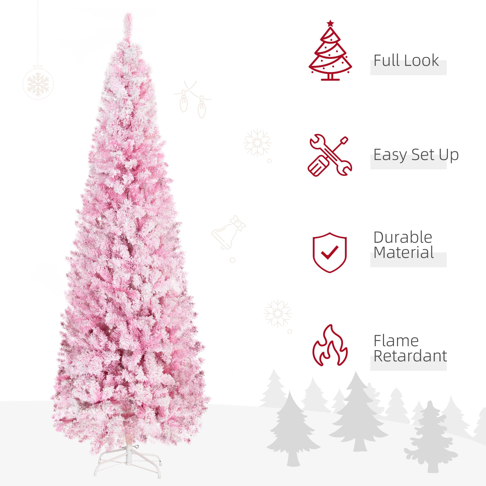 7.5ft Tall Unlit Snow Flocked Artificial Christmas Tree Slim Pencil Xmas Tree with Realistic Branches Pink