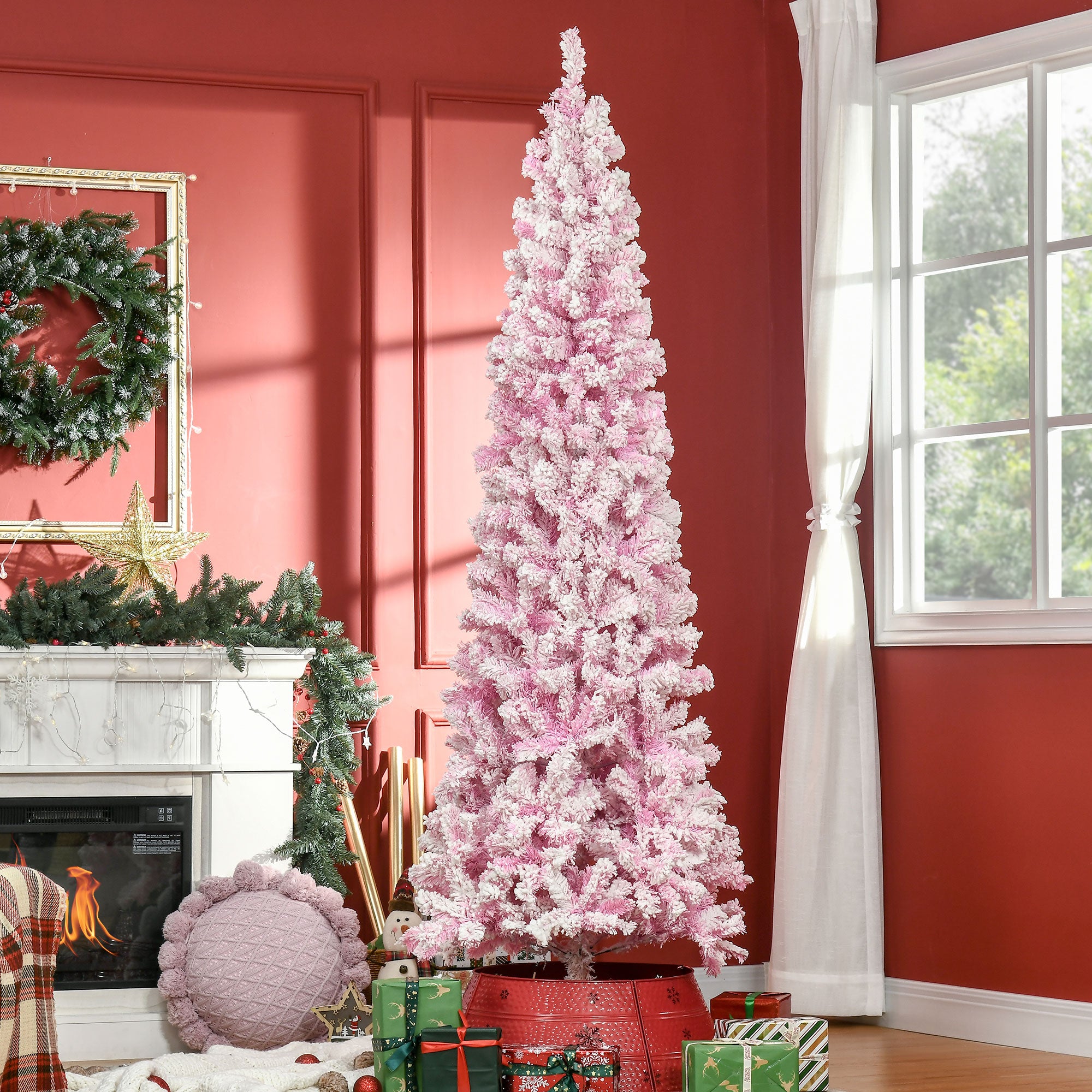 7.5ft Tall Unlit Snow Flocked Artificial Christmas Tree Slim Pencil Xmas Tree with Realistic Branches Pink