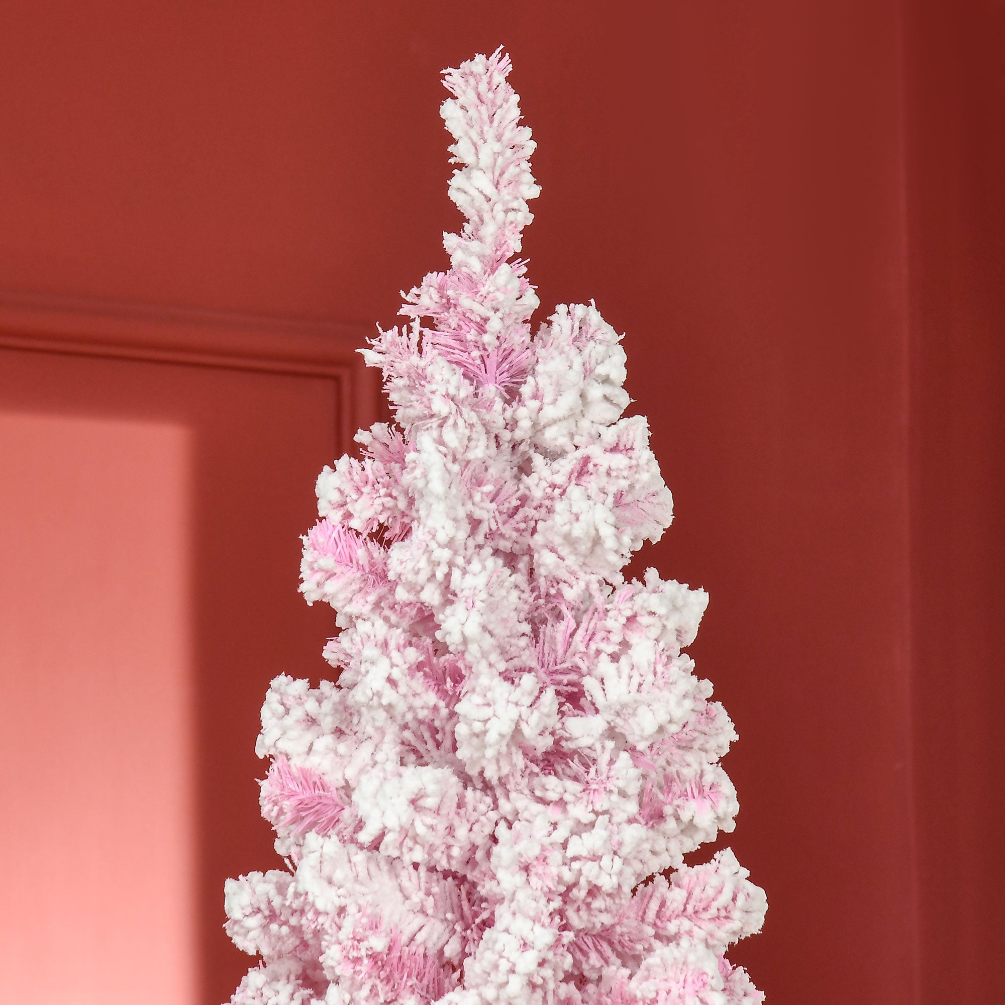 7.5ft Tall Unlit Snow Flocked Artificial Christmas Tree Slim Pencil Xmas Tree with Realistic Branches Pink