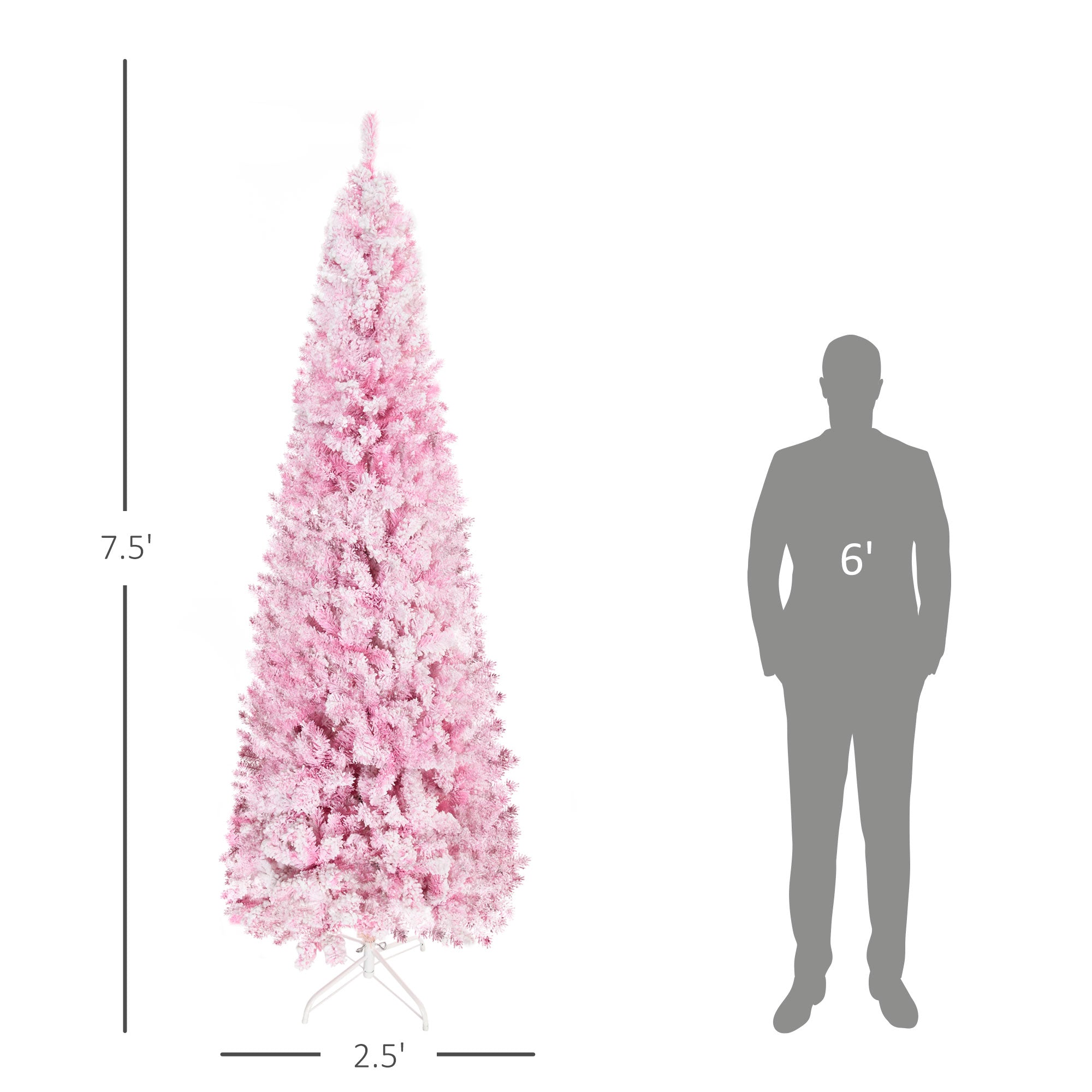 7.5ft Tall Unlit Snow Flocked Artificial Christmas Tree Slim Pencil Xmas Tree with Realistic Branches Pink