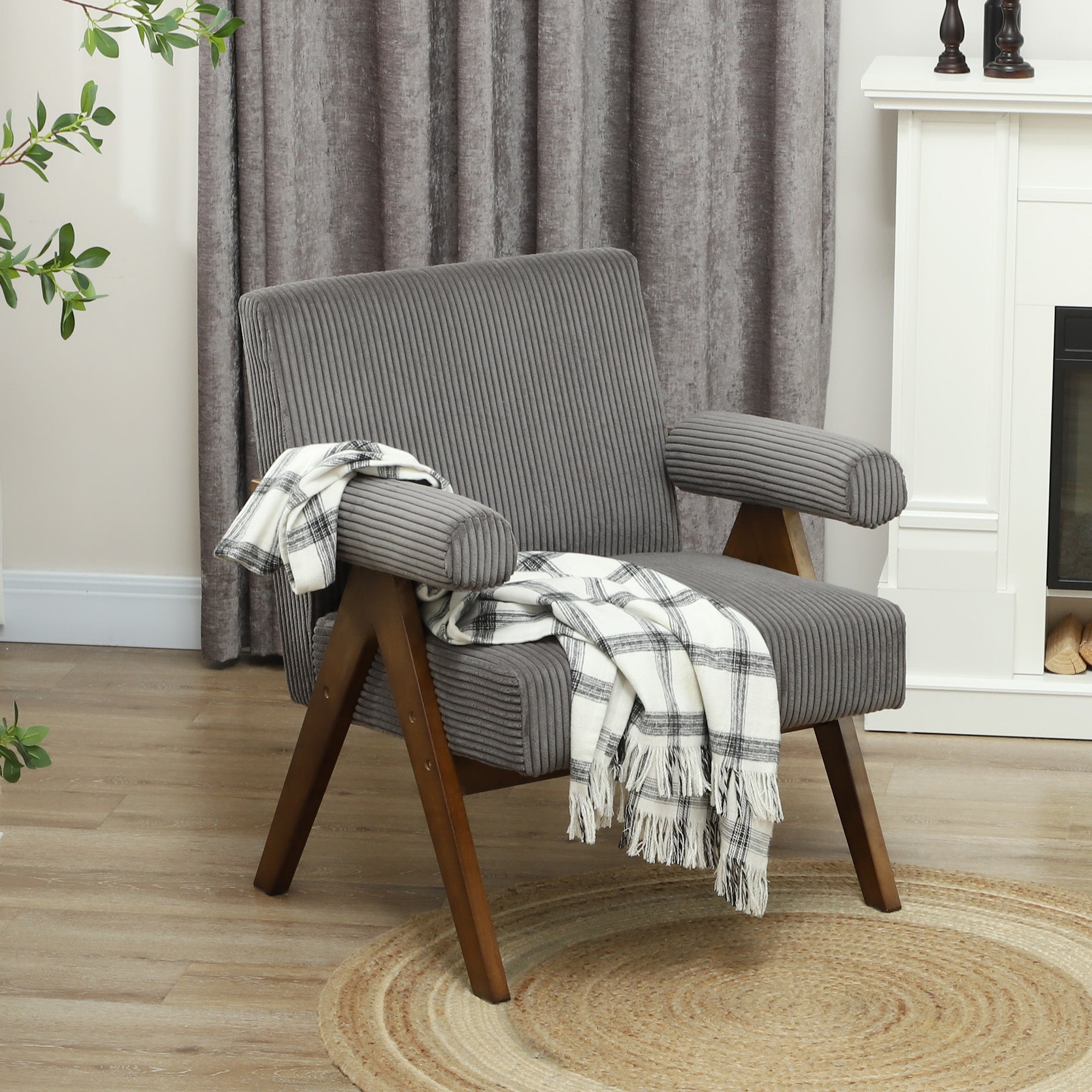 HOMCOM Accent Chair with Wide Seat, Corduroy Upholstered Armchair, Modern Living Room Chair with Soft Padded Armrests and Solid Wood Legs for Reading, Bedroom, Dark Grey