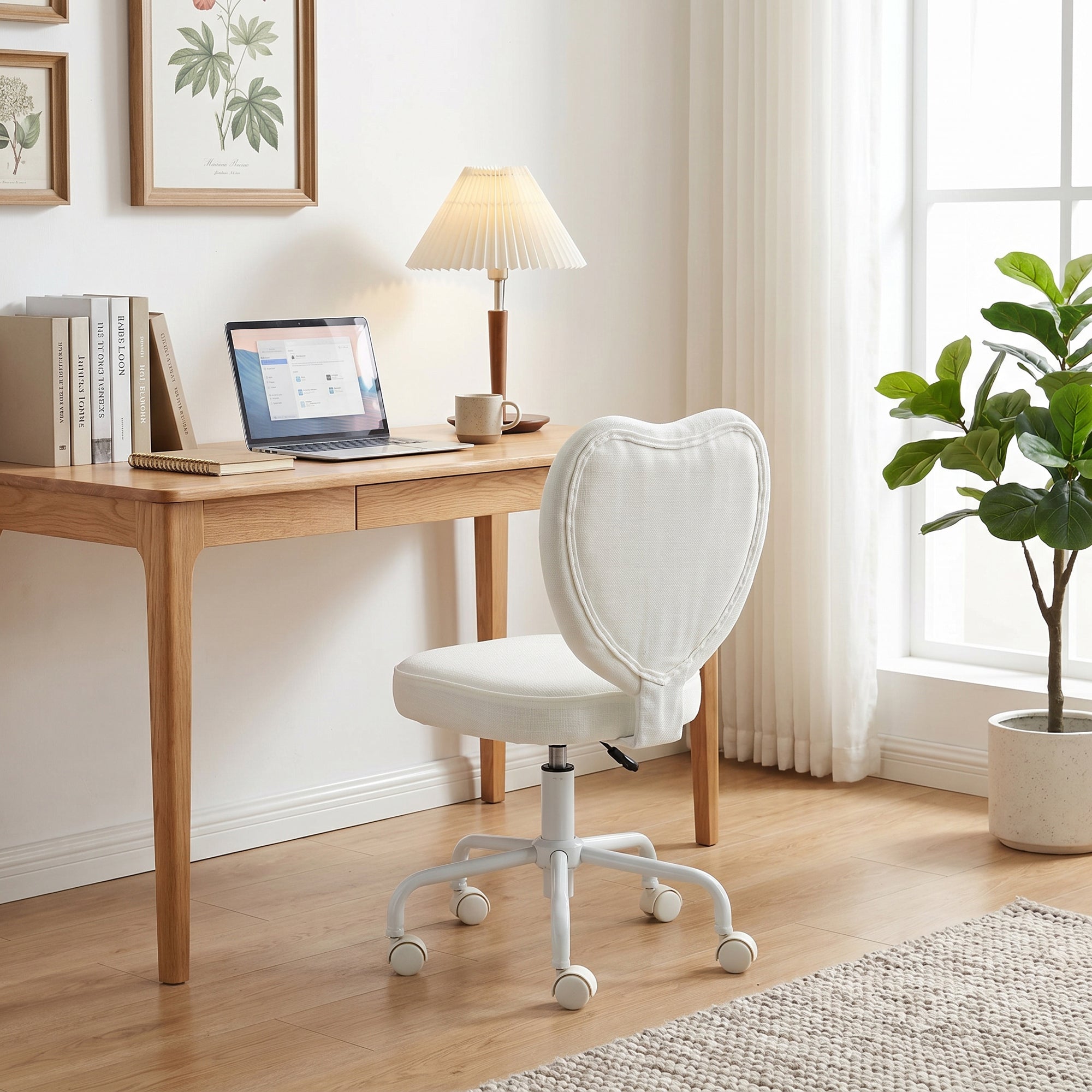 Armless Home Office Chair, Modern Fabric Makeup Vanity Chair with Heart Shape, Swivel Wheels, Height Adjustable, White