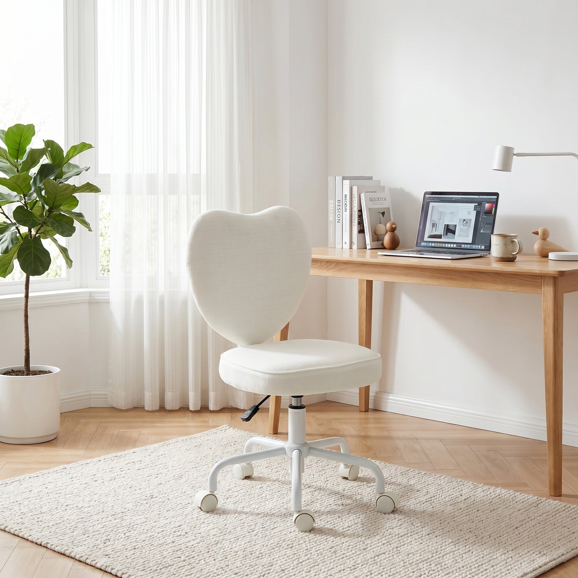 Armless Home Office Chair, Modern Fabric Makeup Vanity Chair with Heart Shape, Swivel Wheels, Height Adjustable, White