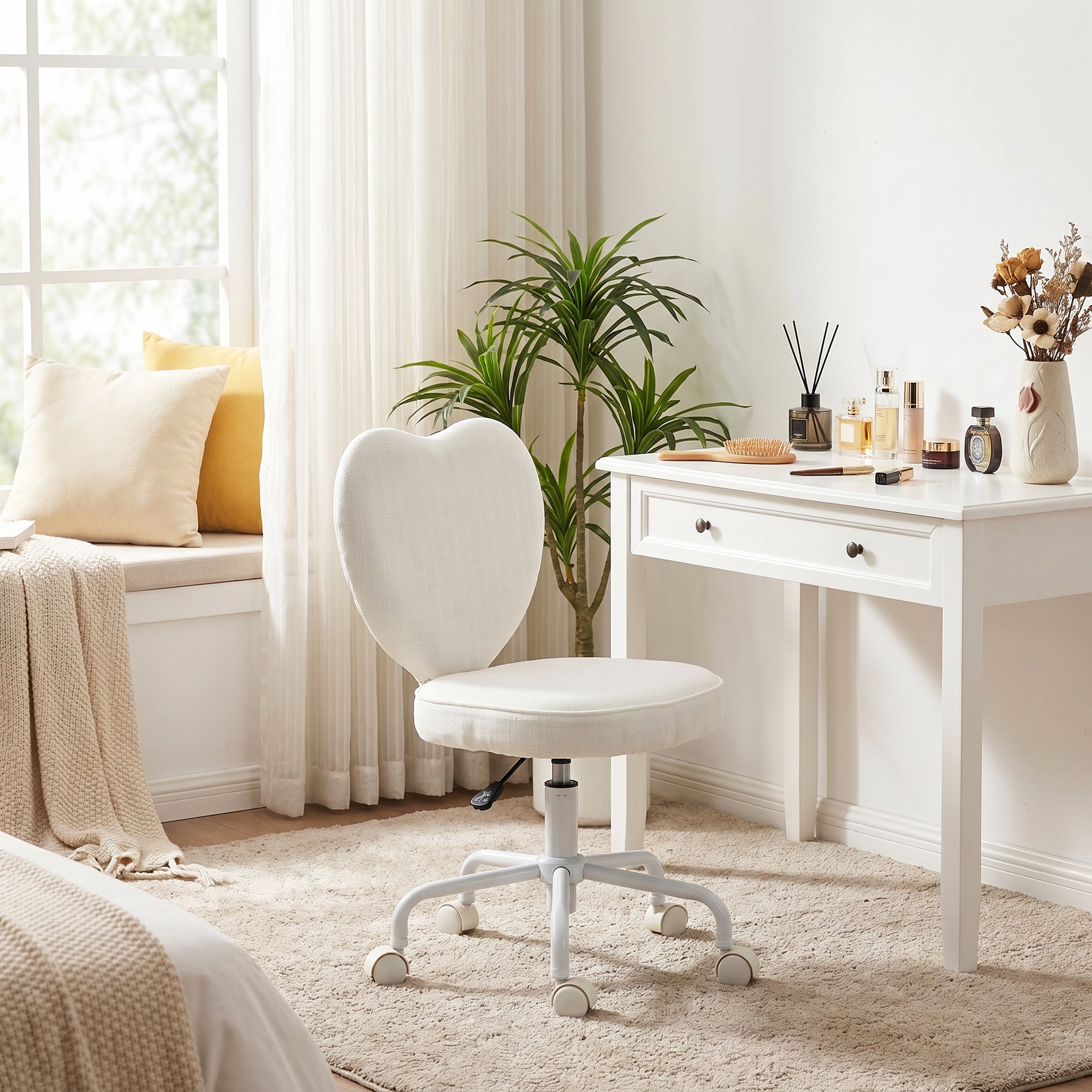 Armless Home Office Chair, Modern Fabric Makeup Vanity Chair with Heart Shape, Swivel Wheels, Height Adjustable, White
