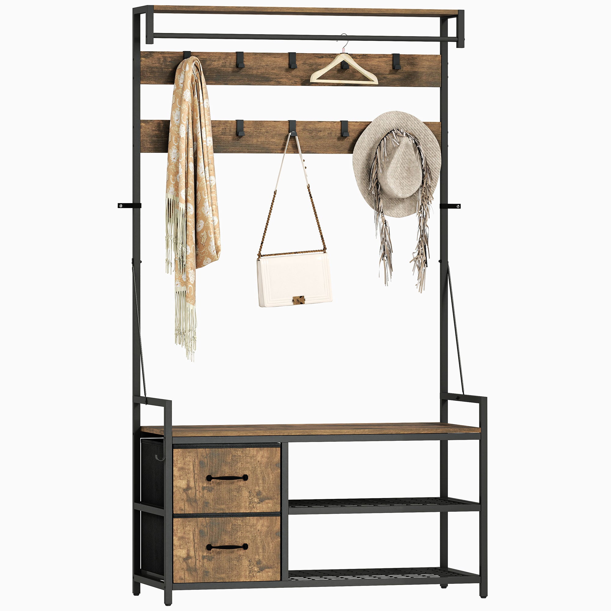 6-In-1 Hall Tree with Shoe Storage, Industrial Entryway Coat Rack Shoe Storage with 10 Adjustable Hooks, 2 Fabric Drawers and Hanging Rod for Hallway, Rustic Brown