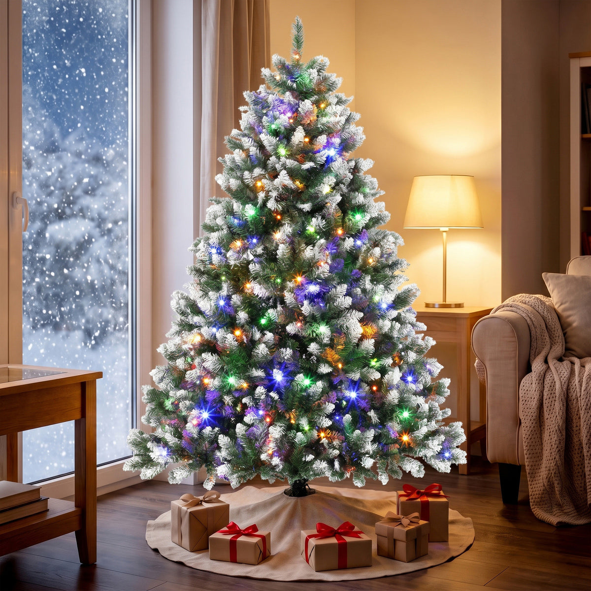 6ft Pre-lit Artificial Christmas Tree, White-Tipped Hinged Full Xmas Tree with 1020 Tips, 11 Modes, 350 LED Lights, Remote, Foldable Metal Stand, Home Office Holiday Decoration