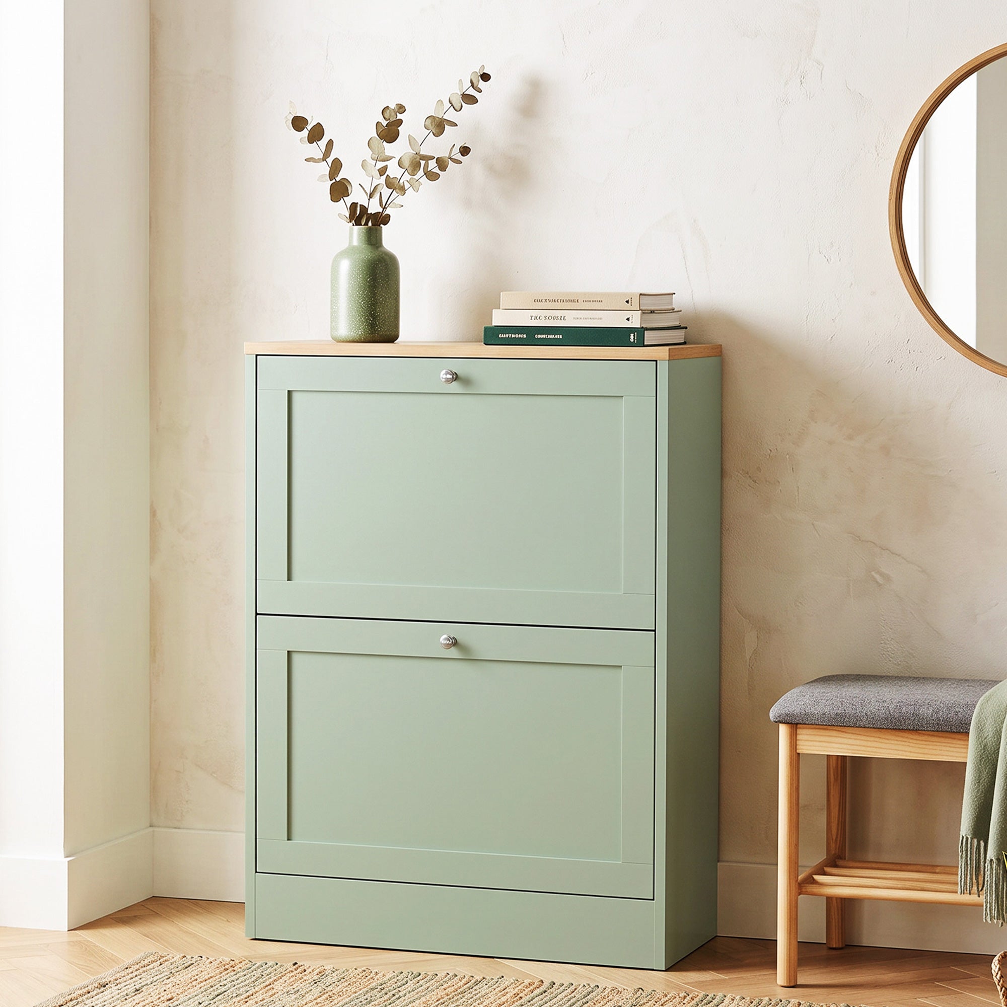 Shoe Storage Cabinet with 2 Flip Drawers, Wooden Freestanding Shoe Organizer with Adjustable Shelves for Entryway, Hallway, Green