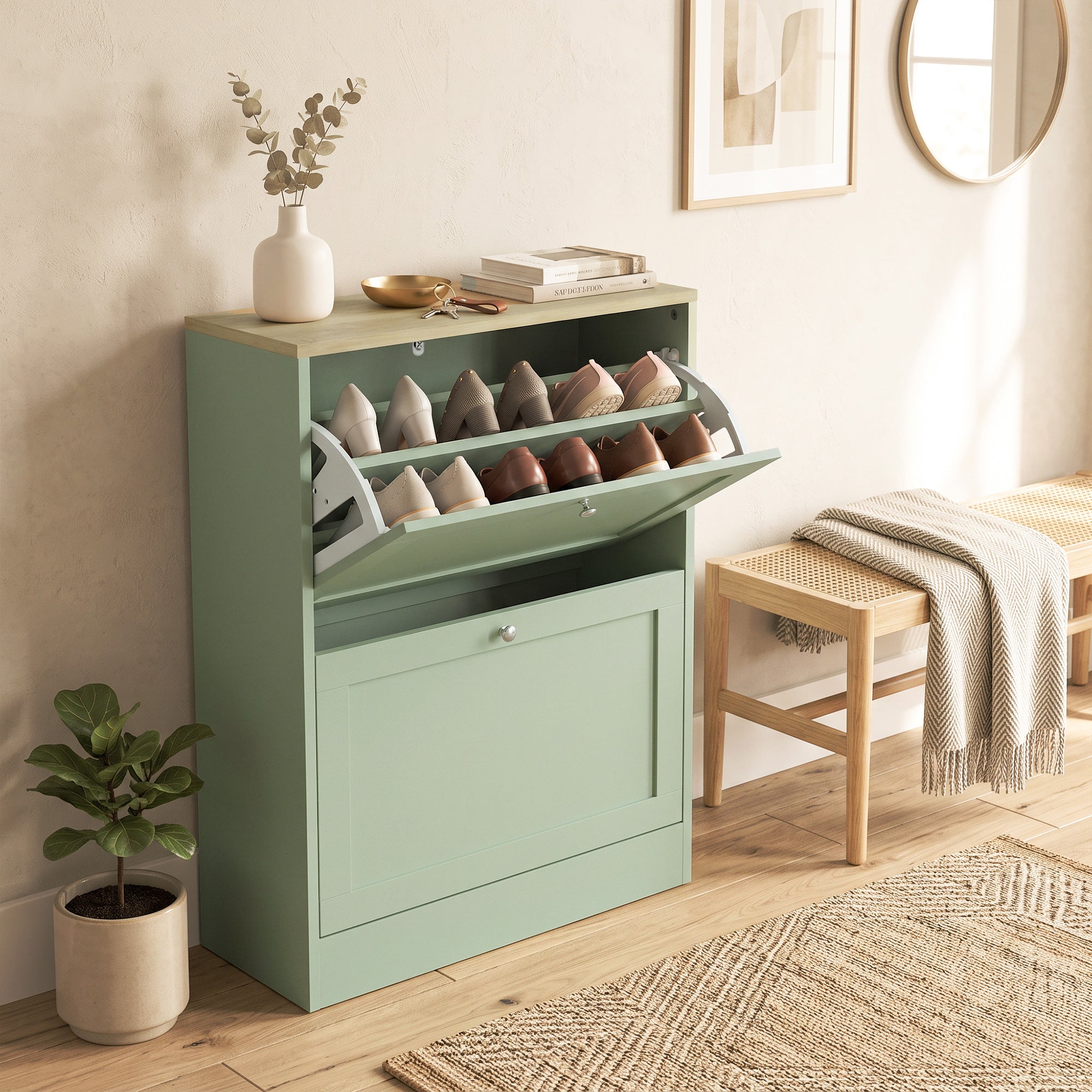 Shoe Storage Cabinet with 2 Flip Drawers, Wooden Freestanding Shoe Organizer with Adjustable Shelves for Entryway, Hallway, Green
