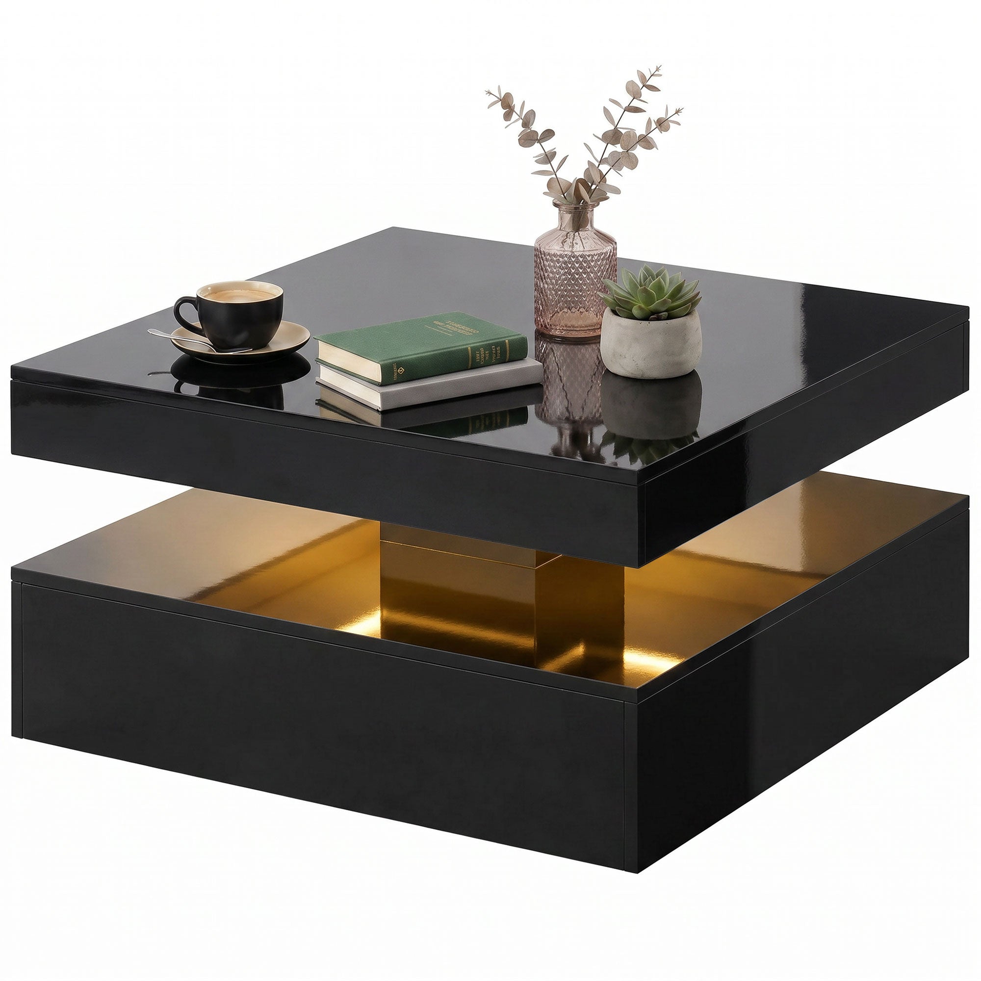 LED Coffee Table with Storage, 2-Tier Modern Centre Table with Open Shelf and Remote for Living Room, High Gloss Black